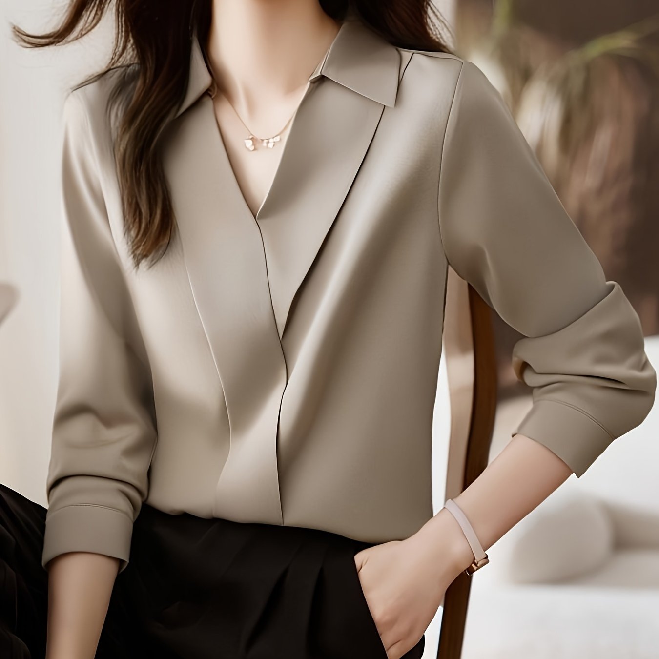 TEMU Elegant Women's Satin Chiffon Blouse - Long Sleeve V-neck, Solid Color Beige, Lightweight Autumn Cardigan Shirt For Casual Or Office Wear, Ladies Blouses