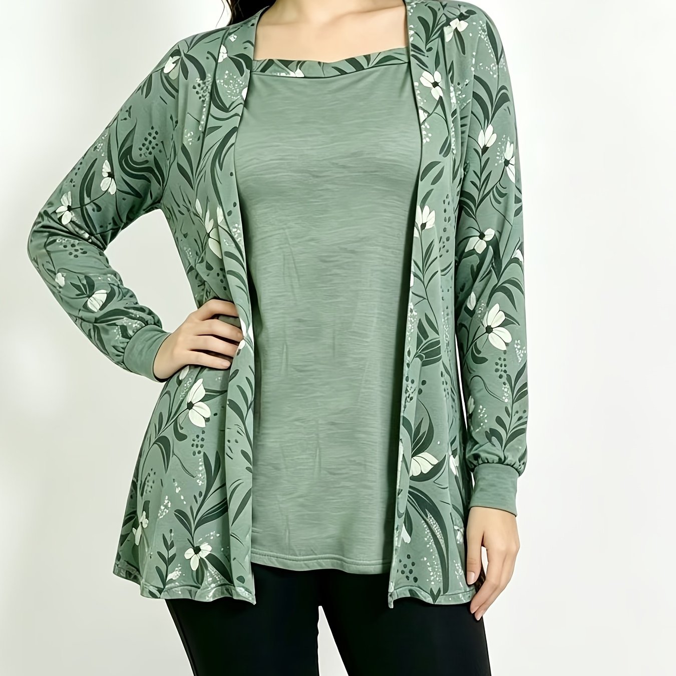 TEMU Plus Size, European And American Spring And Autumn Loose Waist-cinched Knitwear 2pcs Elegant Vacation Printed Long Sleeve Women's