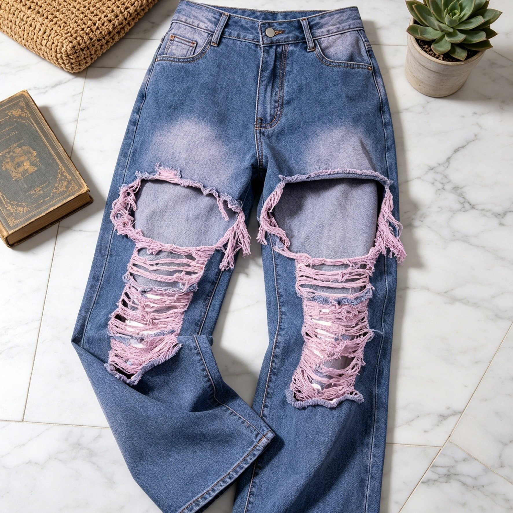 Y2k Street Style High Waist Wide Leg Jeans, Blue Washed Denim With Pink Contrast Ripped Distressed Detail For Women