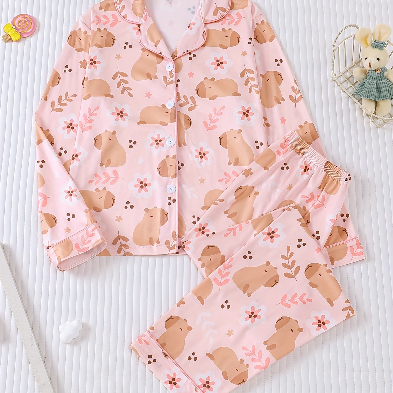 Image of 2pcs Girls' Pajamas Set, -retardant Short-sleeved 2026 New Kappibara Cartoon Printed's Girls' Casual Comfortable Wearable Pajamas For Parties, Girls' Long-pants Sleepwear Set For Home Clothes