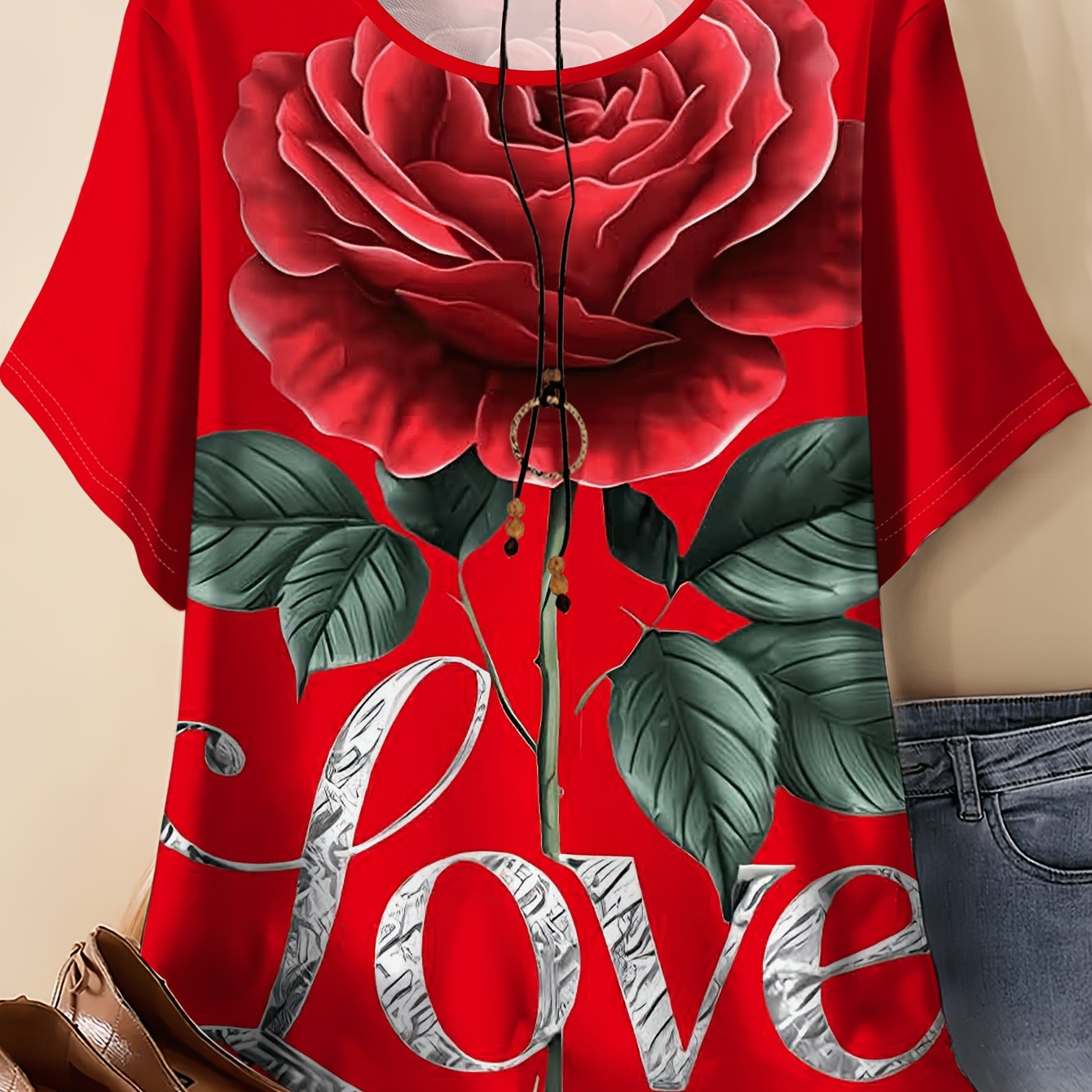 TEMU Women's Plus Size Red Rose Print Loose Fit T-shirt, New Summer Fashion Short Sleeve Top, Trendy