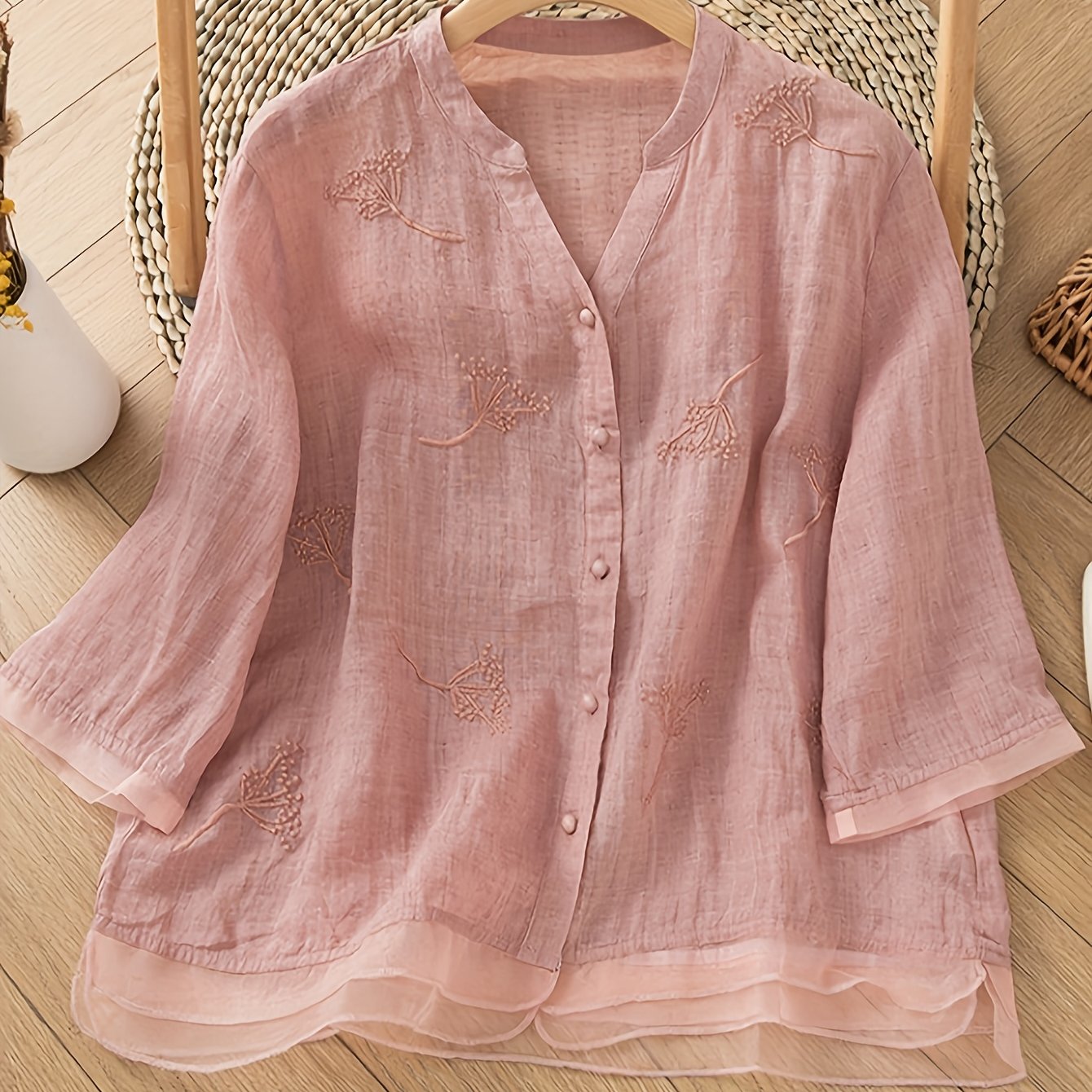 TEMU Vintage Art Embroidered Cardigan Shirt, Organza Design Casual Fashion Top, Bohemian Floral Embroidery Elegant Women's Festival, With Botanical