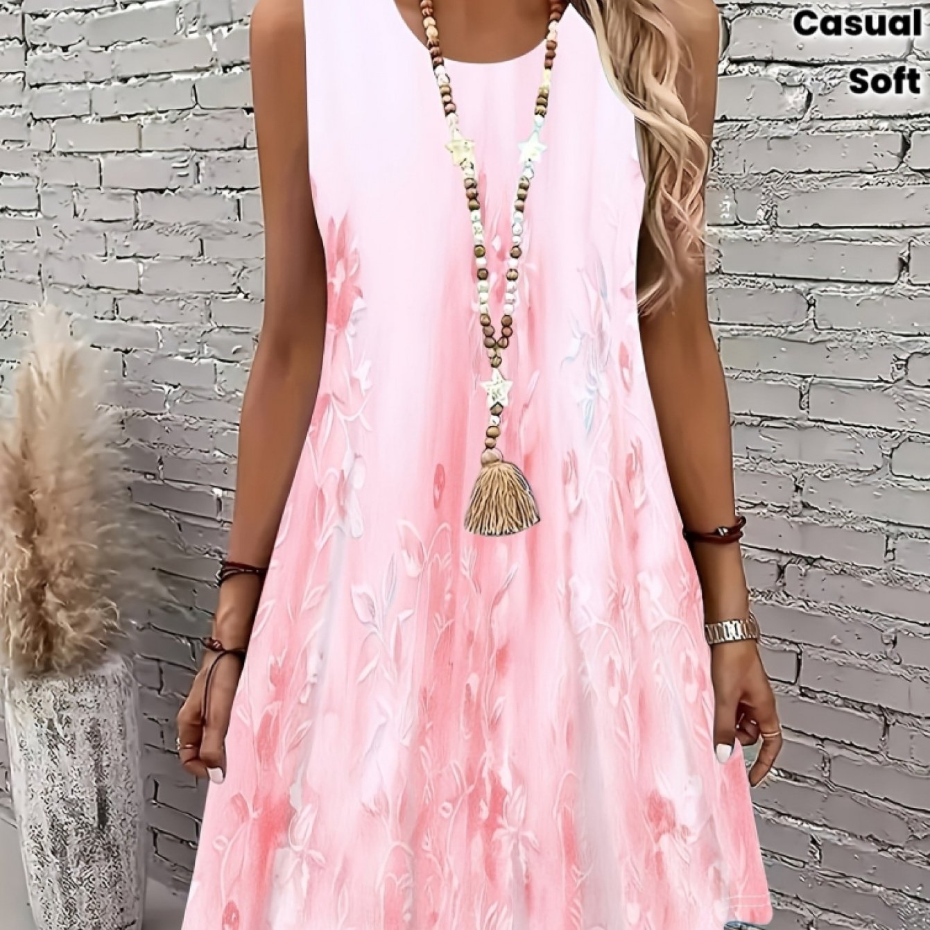 TEMU Printed Design - Non-textured 2d Printing Women's Casual Floral Dress, Soft And Breathable Fiber Fabric