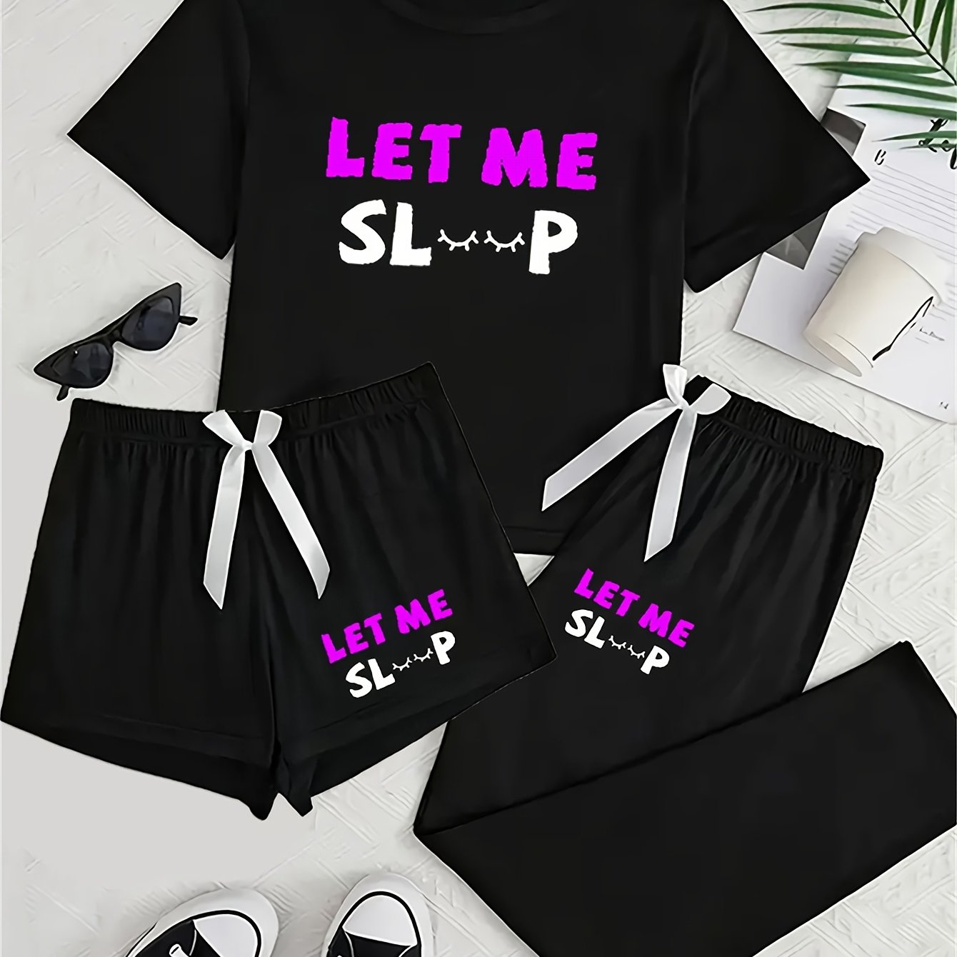 E-shop 3-teiliges Damen-Pyjama-Set mit Buchstabendruck, Kurzarm-Rundhalsoberteil und Shorts & Hose, Bequemes Lockeres Loungewear-Outfit
