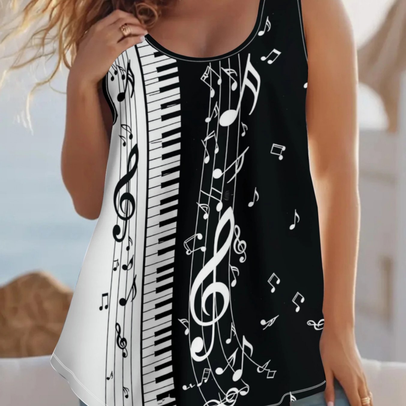TEMU 2026 Summer New Plus Size Tank Top With Black And White Piano Print, Loose And Sleeveless Top, Casual Plus Size Women's Vest, Artistic Music