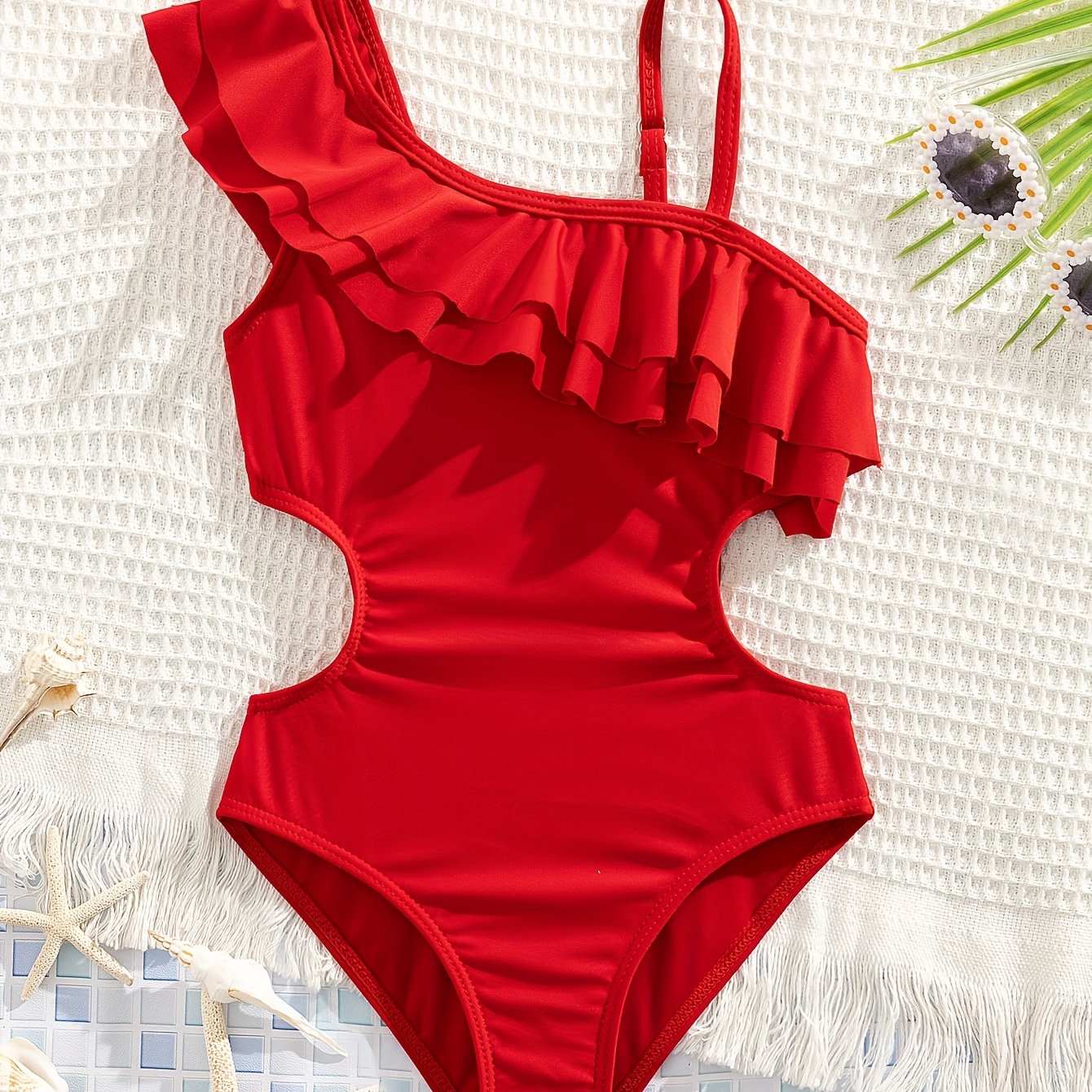 Fashion Solid Color Girls' Ruffle Detail One-shoulder One-piece Swimsuit