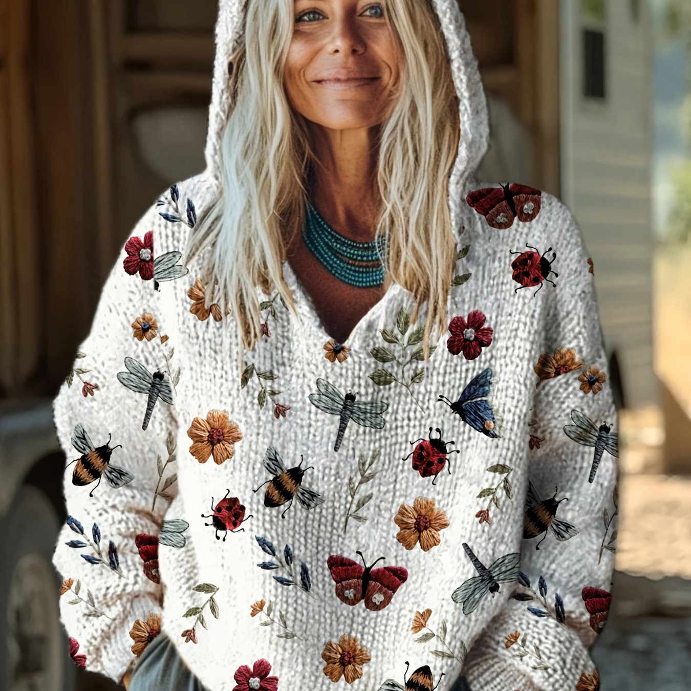 Image of Insect Floral Print Top, Style Pastoral Women's Hooded Loose Sweater Pullover