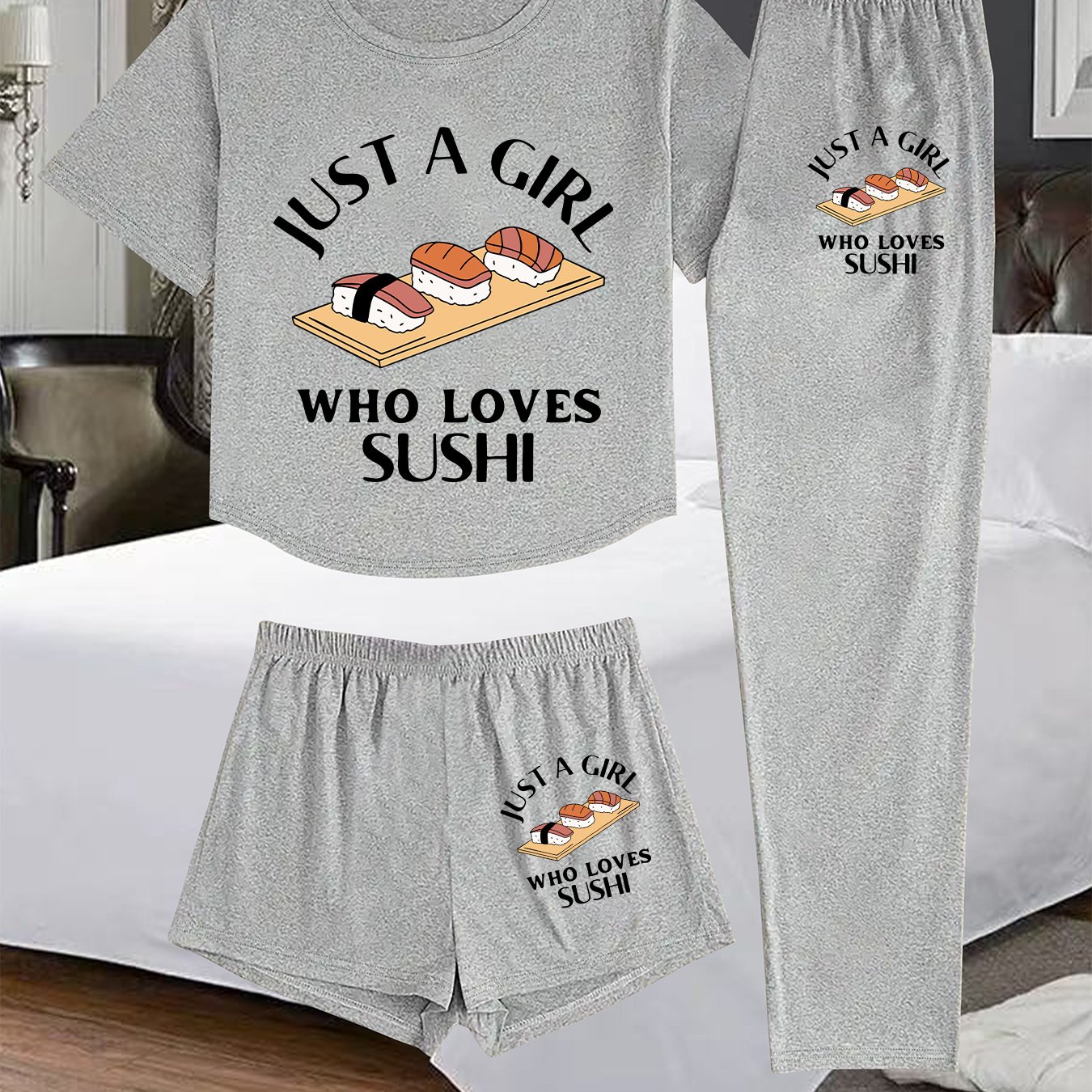 TEMU (1002# 3pcs Set) Women's Homewear 3pcs Sushi Pattern Pajama Set, Casual And Comfortable Loungewear Set