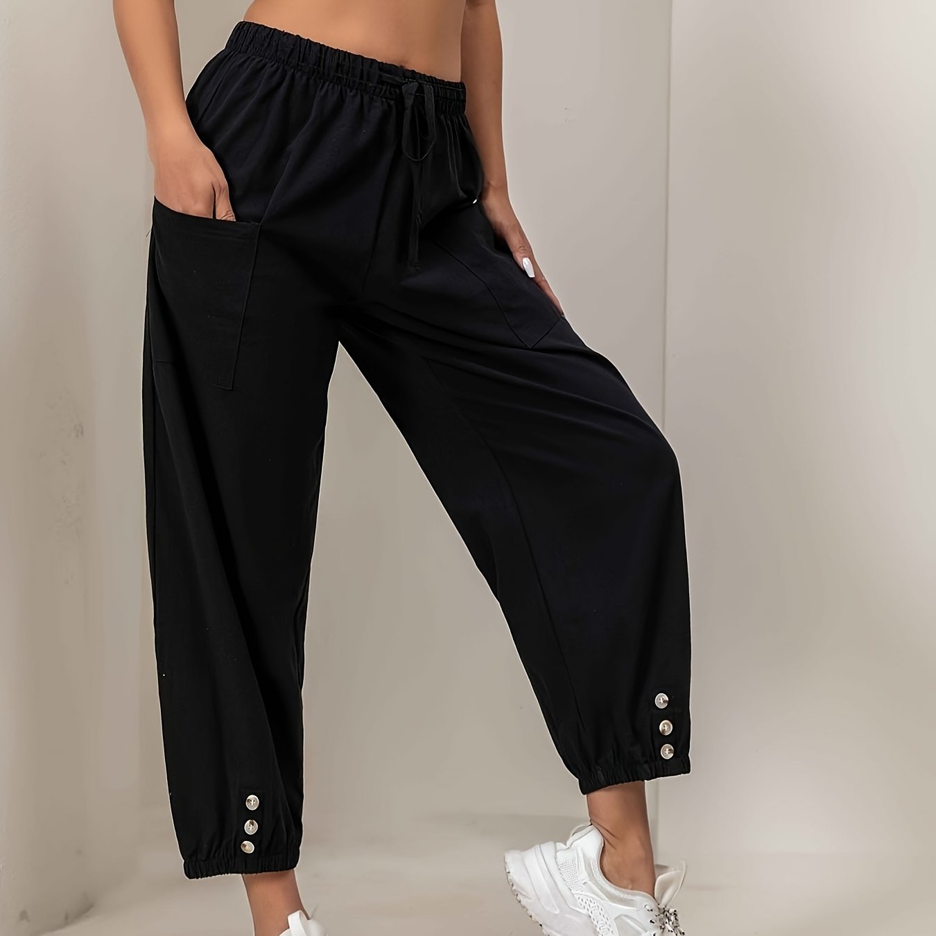 Image of Summer New Thin Straight Women's Casual Pocket Home Fury Pants Loose Fit Versatile Solid Color Drawstring Elastic Waist Pants