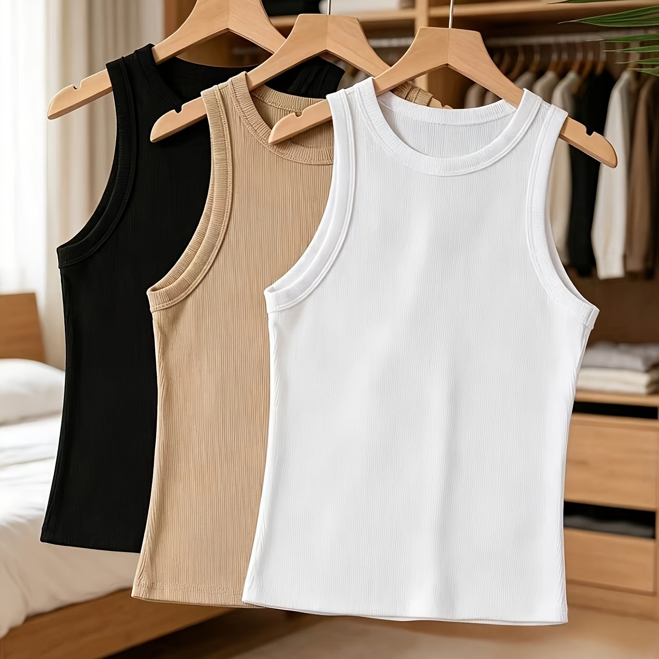 TEMU 2026 New Women's Summer 3pcs Set, High-stretch Fabric Ribbed, Underbust Support, Non-cling Body- Layer, Casual Sport Tank Top