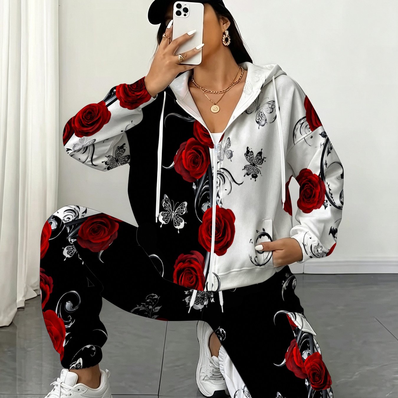 Image of Autumn Winter Women Casual Swear Set Red Rose And Print Cardigan Drawstring Hooded Zipper Sweatshirt With Cargo Pocket Pants. Suitable For Daily Casual S And Occasions