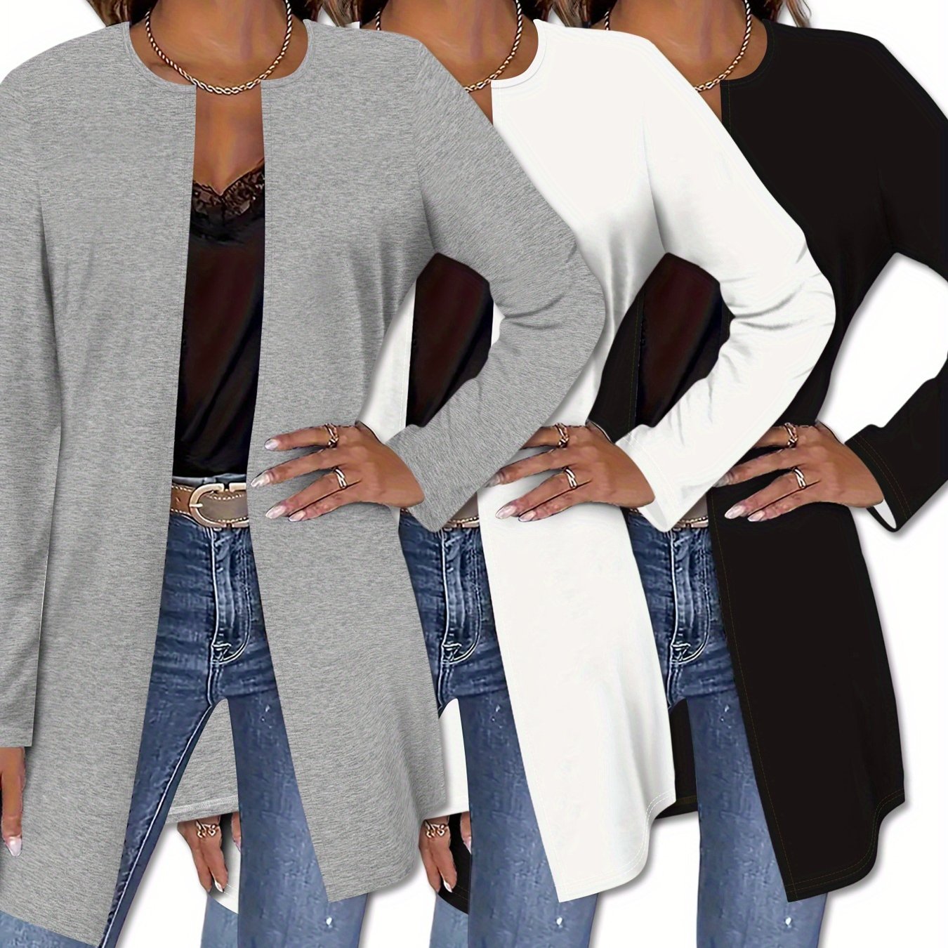 E-shop 3-teiliges Set und Grau Einfarbige Modische Casual Elegante Rundhals Langarm Cardigan Jacke Dünner Stil Pullover Damen Herbst/Winter