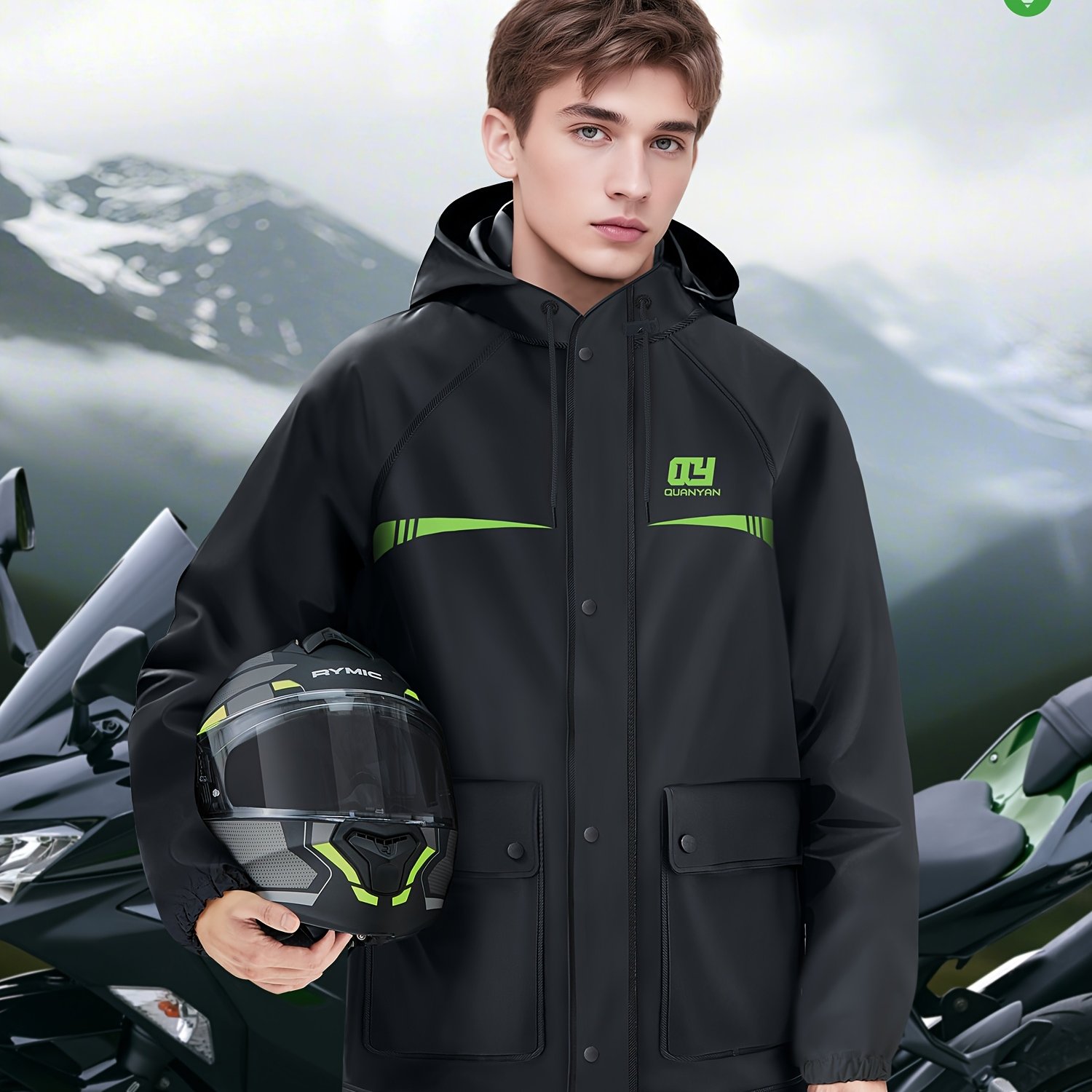 TEMU Men's Raincoat And Rain Pants Set - Autumn Winter, Fashionable And Lightweight, Snap Button And Zipper Closure, With Pockets, Soft Pvc Material,