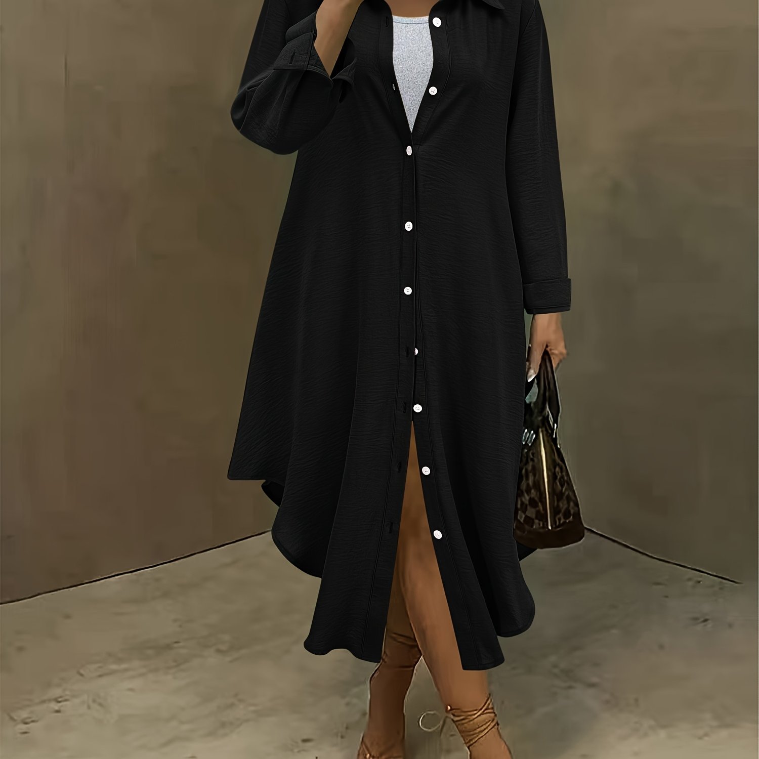 Image of Plus Size - Plus Size - Plus Size Women's European And Popular Temperament Dress Women's Shirt Long Skirt
