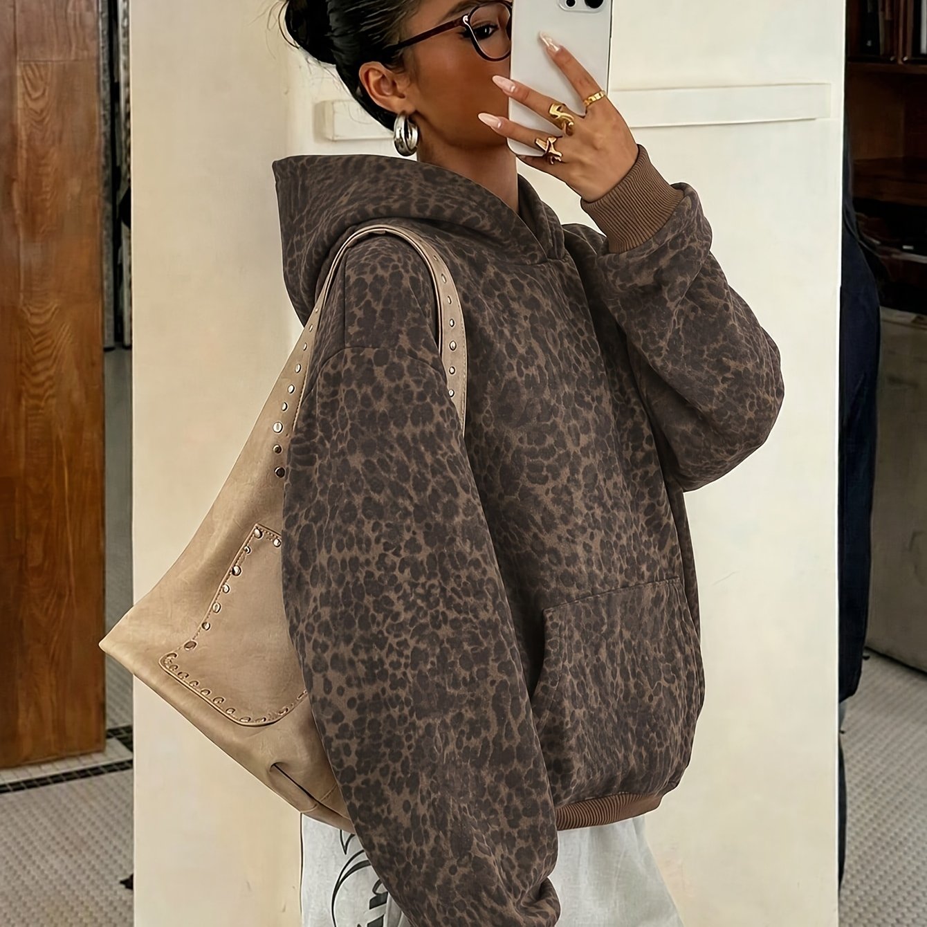 TEMU Women's Leopard Print Hooded Sweatshirt Y2k Fashion Hoodie With Pockets Fall Clothing For Women Back To Season