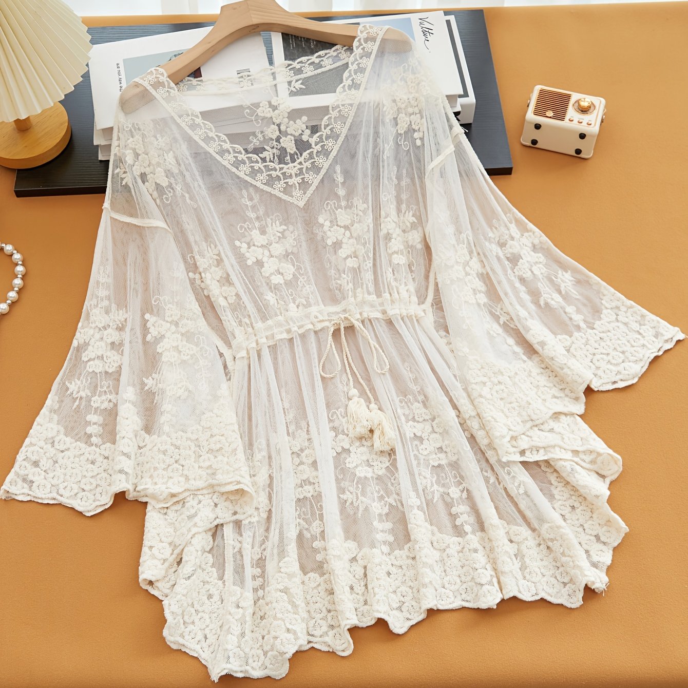 Image of Bohemian Style Batwing Openwork Embroidered Beach Blouse Women's Dress, Suitable For Beach Vacation And Leisure Everyday Wear