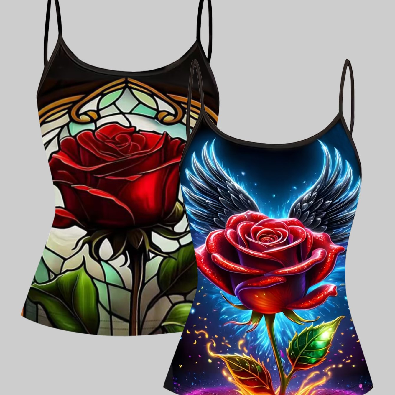 TEMU Plus Size - Plus Size - Set Of 2 Large Size Rose Print Thin Strap Camisole, A Gothic Sweet And Top For Layering Or