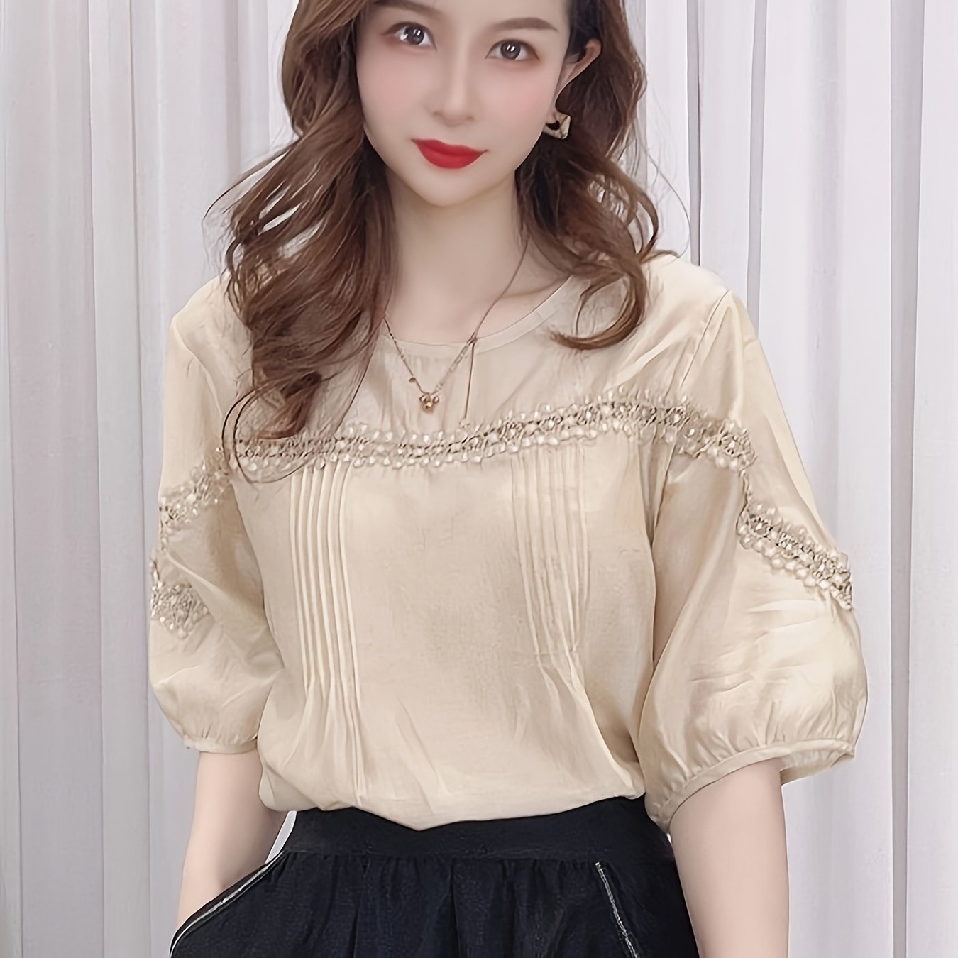 TEMU 【夏】レディース トップス シャツ。レースステッチ 半袖 シャツ レディース。ルーズフィット トップス
