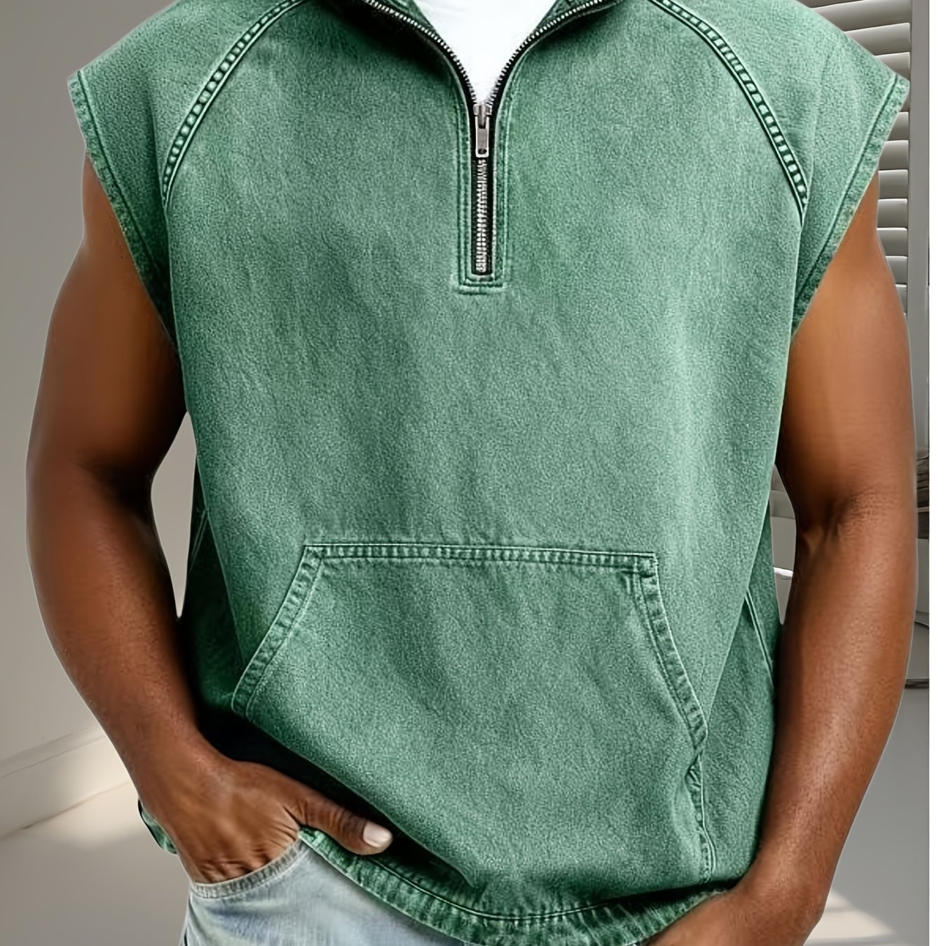 Image of Men's Vintage Washed Sleeveless Hooded T-shirt Denim Vest, Raglan Half Zip Pullover Shirt Tshirts Tank Top With Kangaroo Pocket Casual Workout Hoodie Streetwear