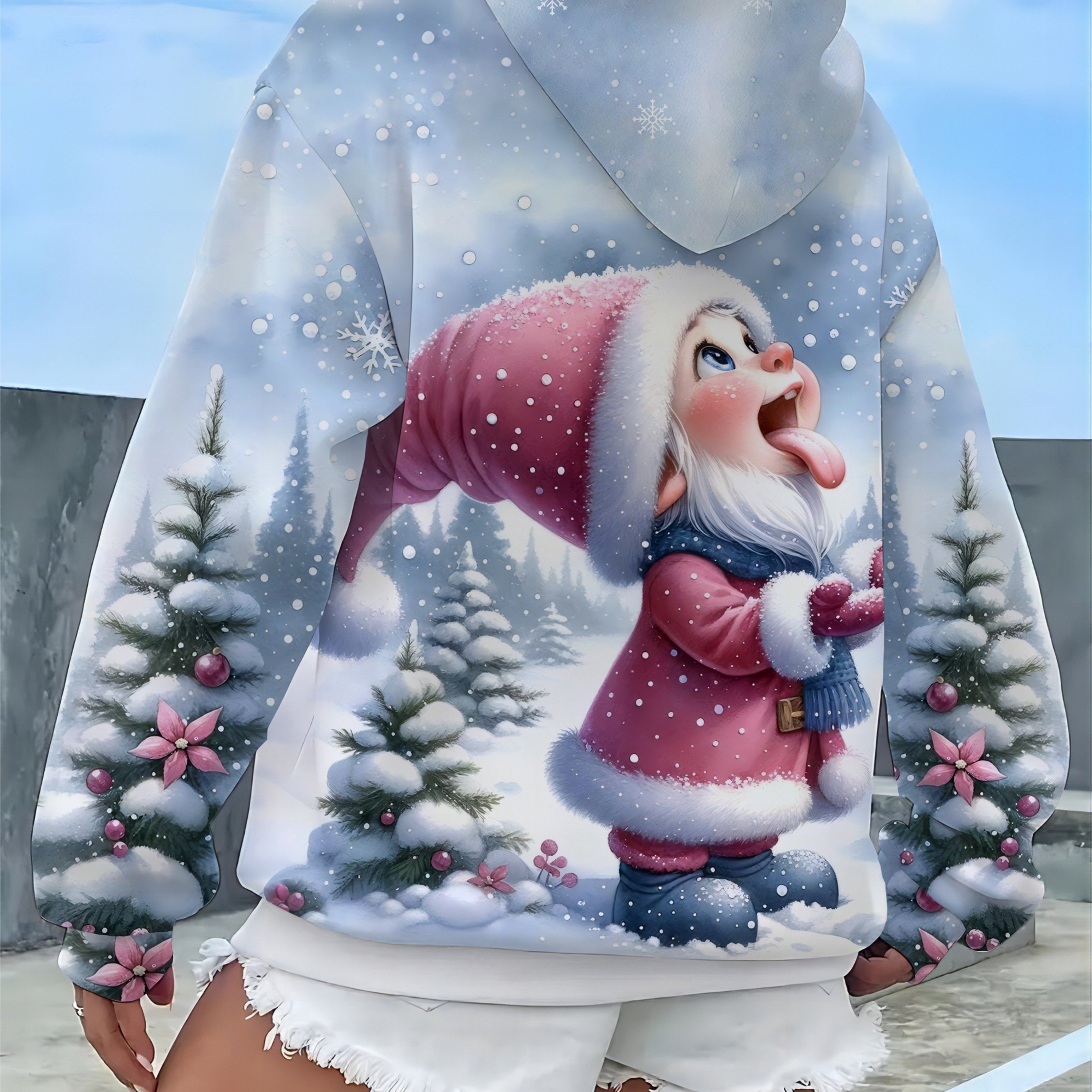 TEMU Plus Size - Plus Size - Women's Oversized Elf And Snow Print Hooded Sweatshirt - Cute Elf Eating Snow And Hat Design
