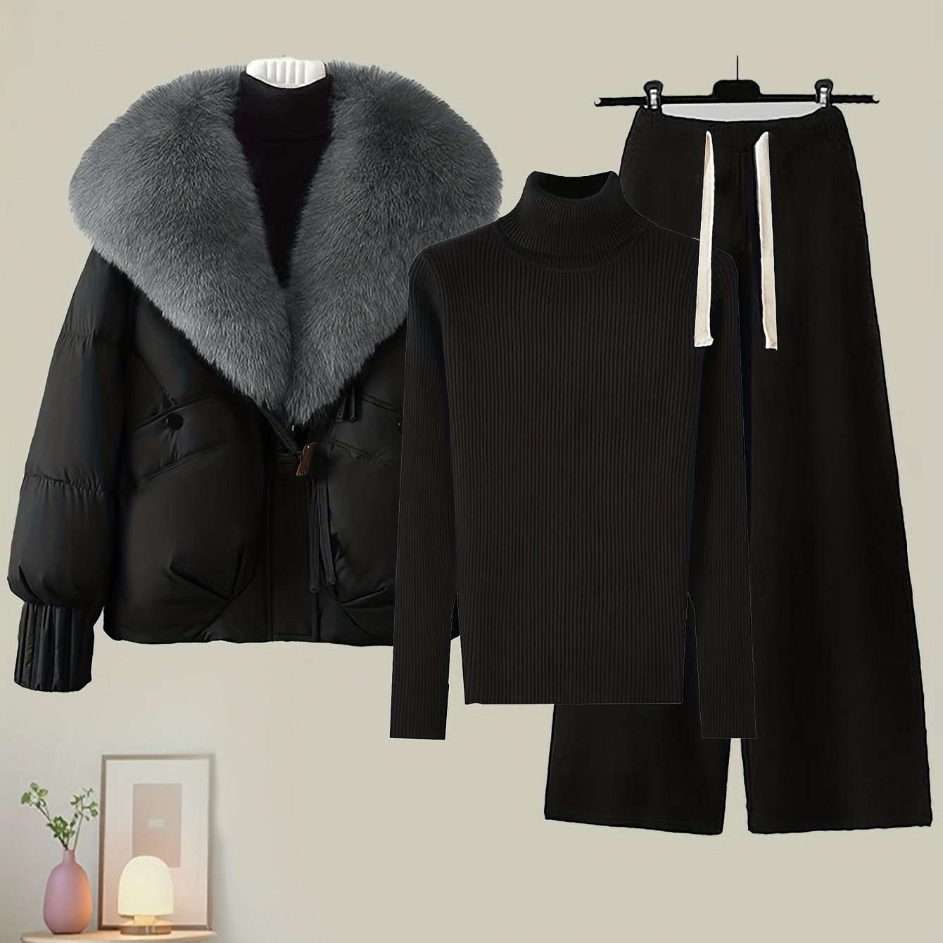TEMU 3pcs Set For Women: Padded Winter With Hood And Large Collar, 1pc; Base Layer Sweater, 1pc; Wide-leg Pants, 1pc. Stylish Winter Outfit,