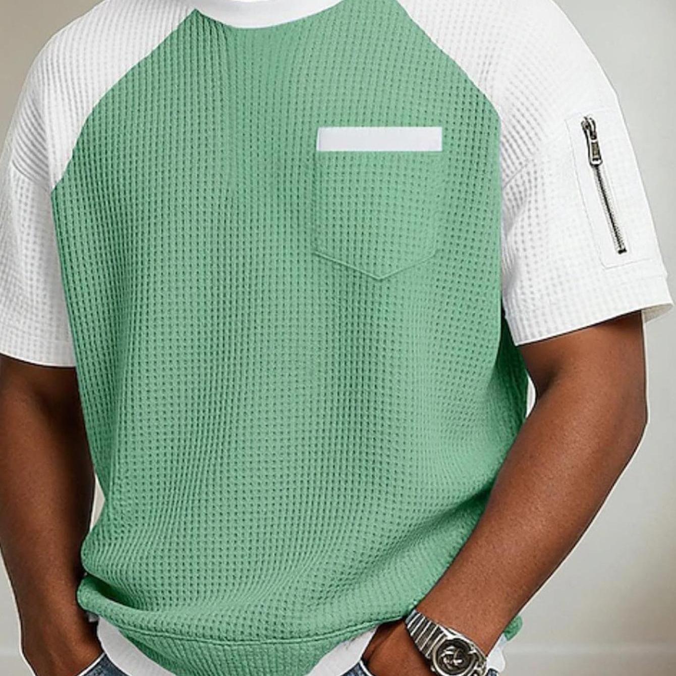 Image of Men's Color- Pocket Zip-up Sports Top Casual Short-sleeved Crew Neck Shirt