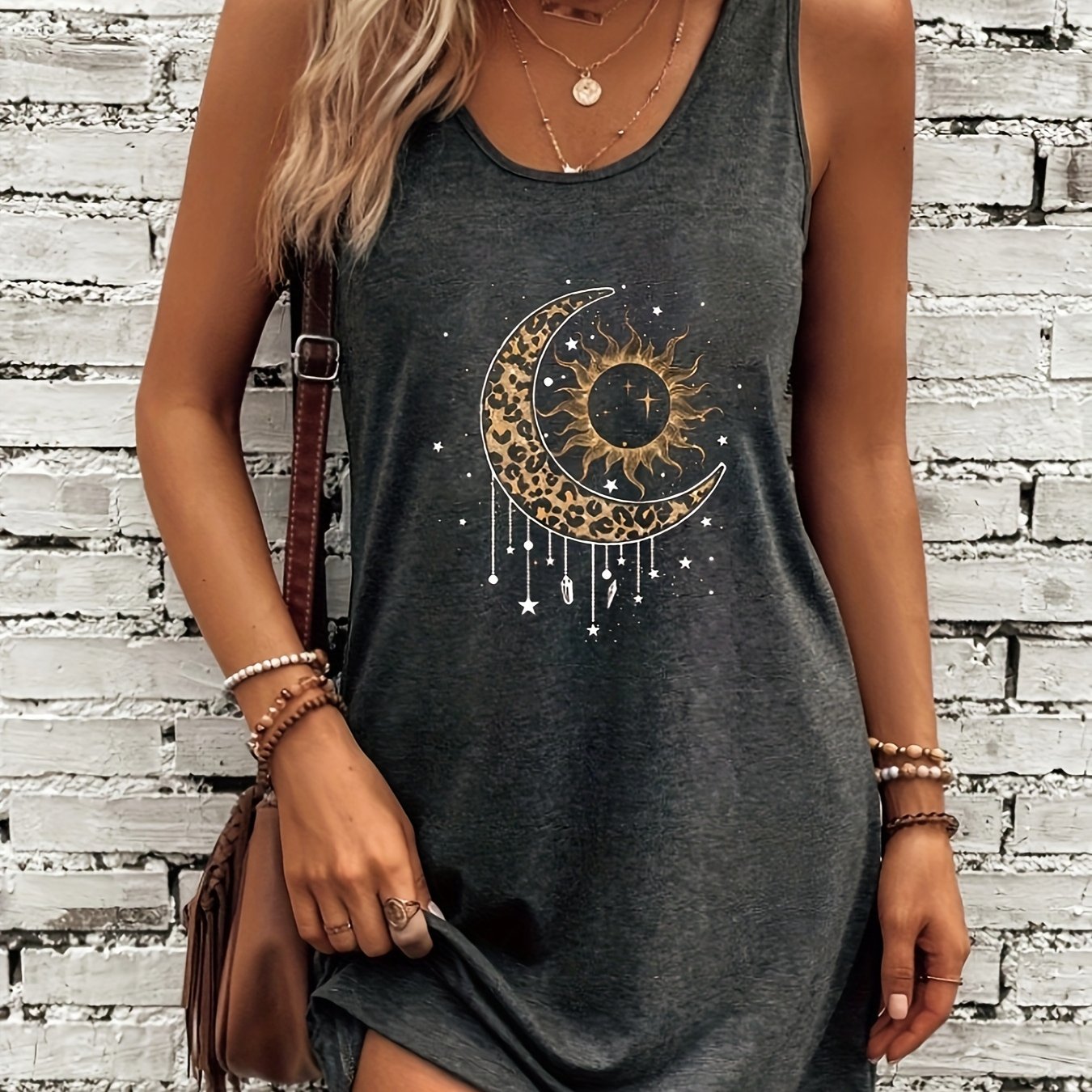 Leopard Print Sun And Moon Dress, Short Sleeve Crew Neck Casual Dress For Summer & Spring, Women's Clothing