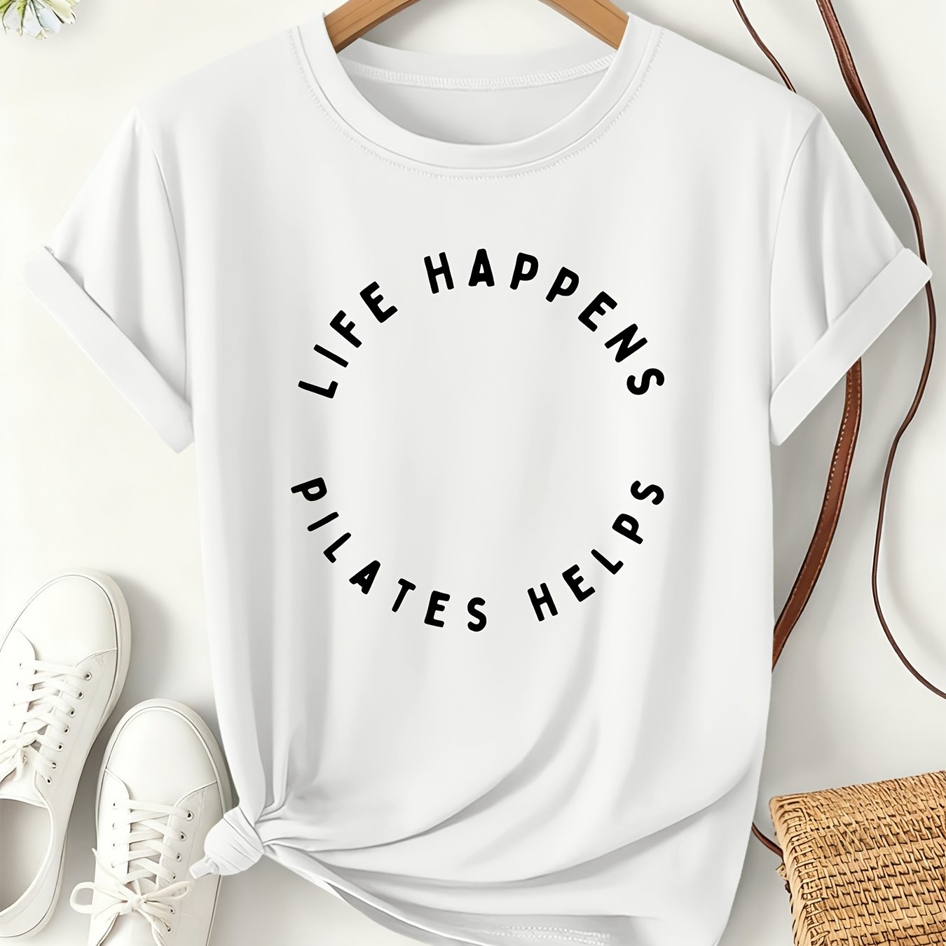 TEMU Life Pilates Printed Women's T-shirt 2026 Spring/summer Style Short Sleeve Daily Casual Wear Loose And Top Life Attitude Theme Fashionable And