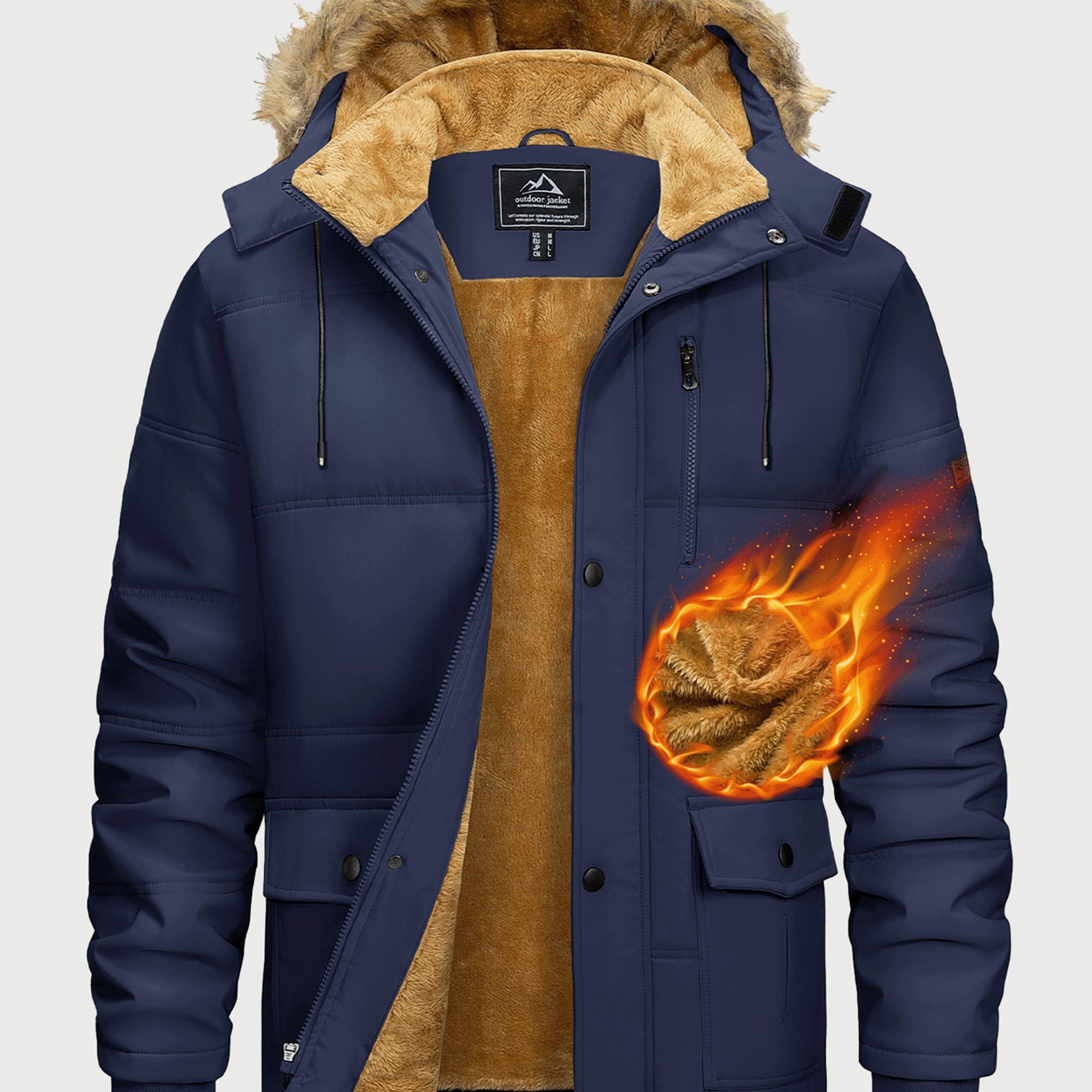 Image of Men's Winter Parka Hooded Thicken Warm Lined Coat Detachable Hood Adjustable Drawstring Hem Multi-pockets Side Flap Pockets Chest Pocket Inner Pocket For Daily Hiking Camping Skiing Winter