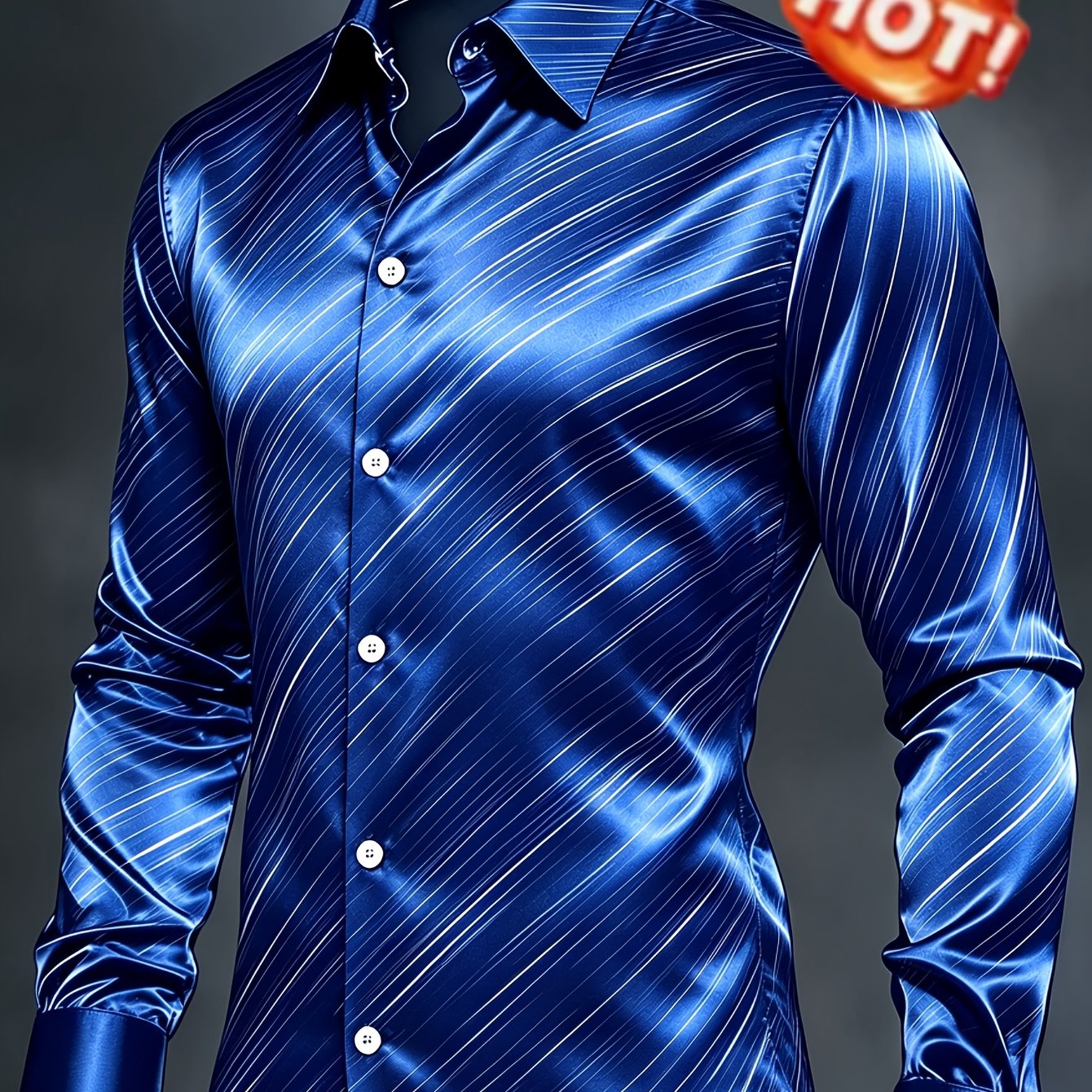 Image of Men's Royal Blue Shiny Stripe Print Long Sleeve Shirt Fashion Top