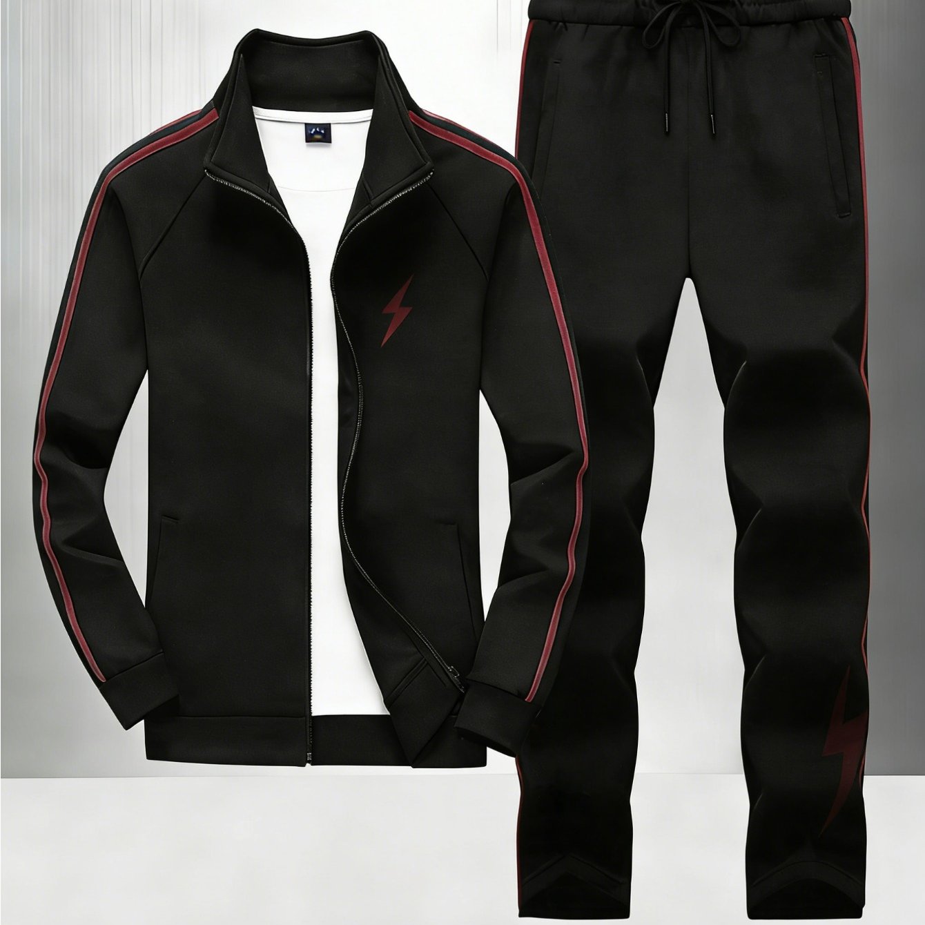 Men's Apparel For Spring And Fall Black Polyester Stand Collar Zip Up Sweatshirt And Pants Set With Burgundy Lightning And Stripe Sport Style