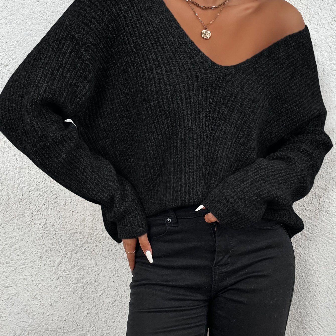 V-neck Drop Shoulder Ribbed Sweater