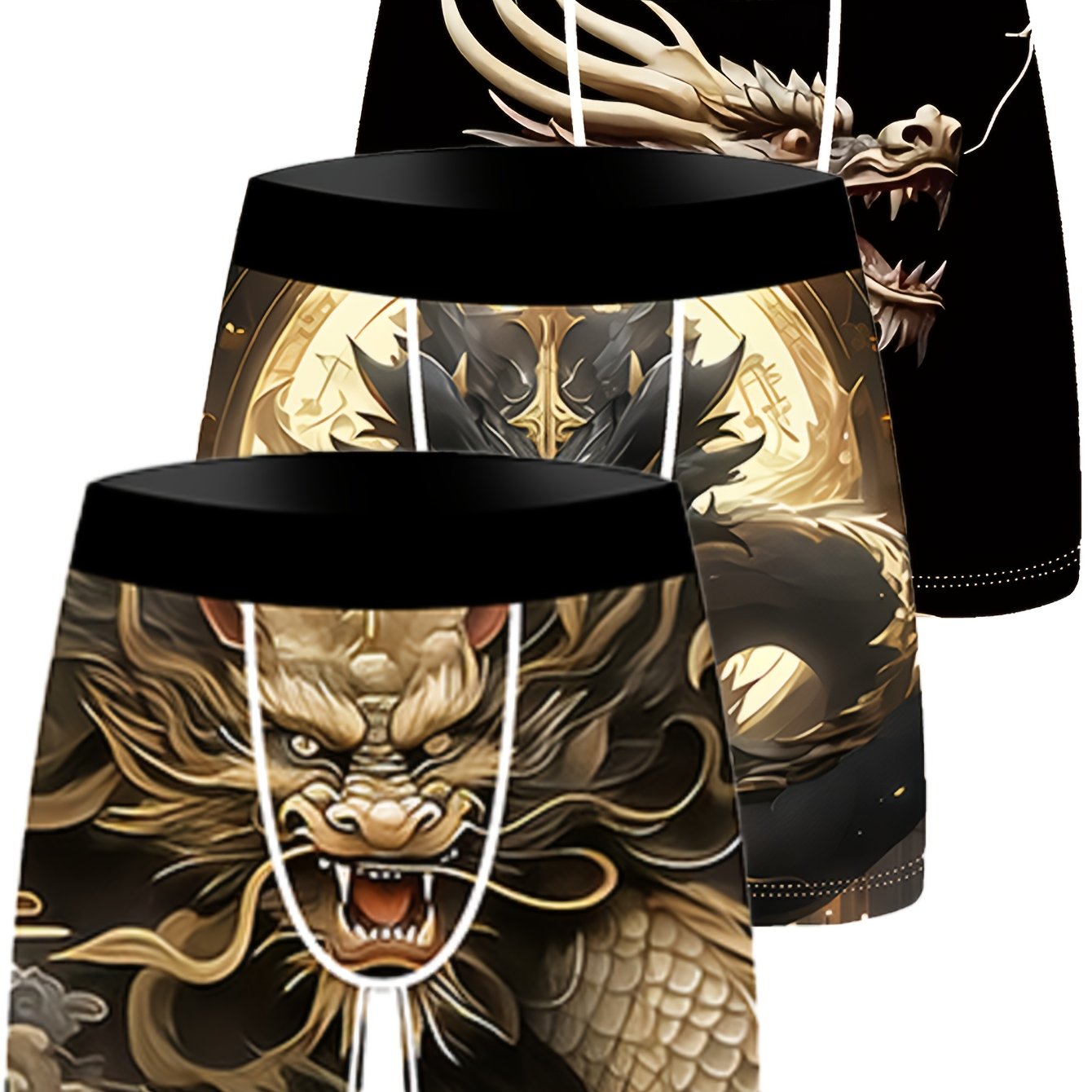 Image of 3pcs Dragon Cartoon Men's Underwear, Knitted Stretch Fashion Underwear, Comfortable And Breathable Men's Underwear