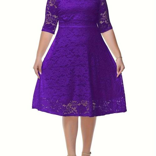 plus size guipure lace pocket dress elegant solid color crew neck half sleeve dress for spring summer womens plus size clothing