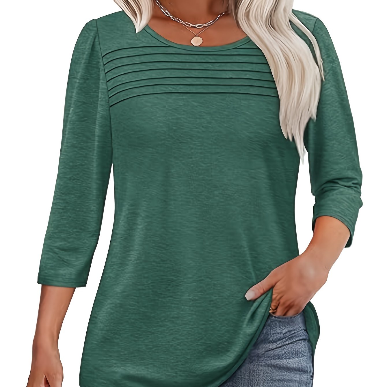 TEMU Plus Size - Plus Size - Plus Size 2025 Women's 3/4 Sleeve Blouse, Elegant Casual Spring Summer Top With Ruched Front And Curved Hem T-shirt