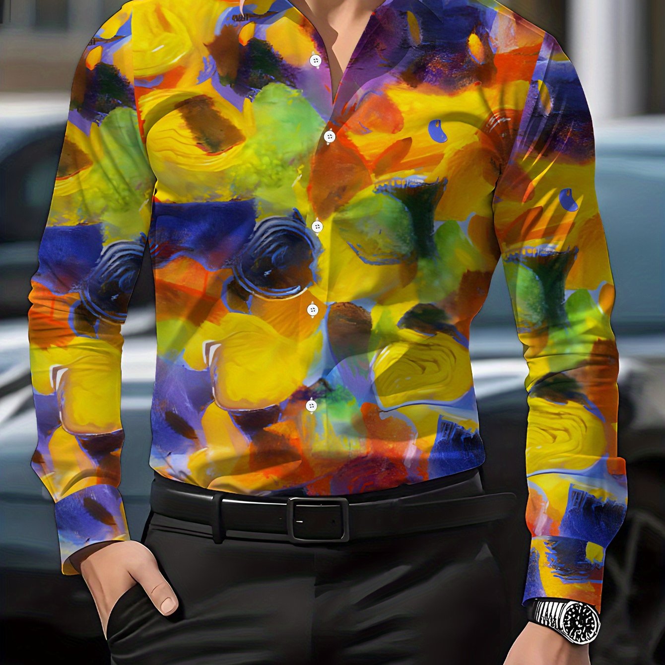 TEMU Men's Long-sleeve Shirt With Abstract Print, Colorful Oil Painting Feel, Vibrant Print Shirt For, Soft And Comfortable, Skin-friendly And