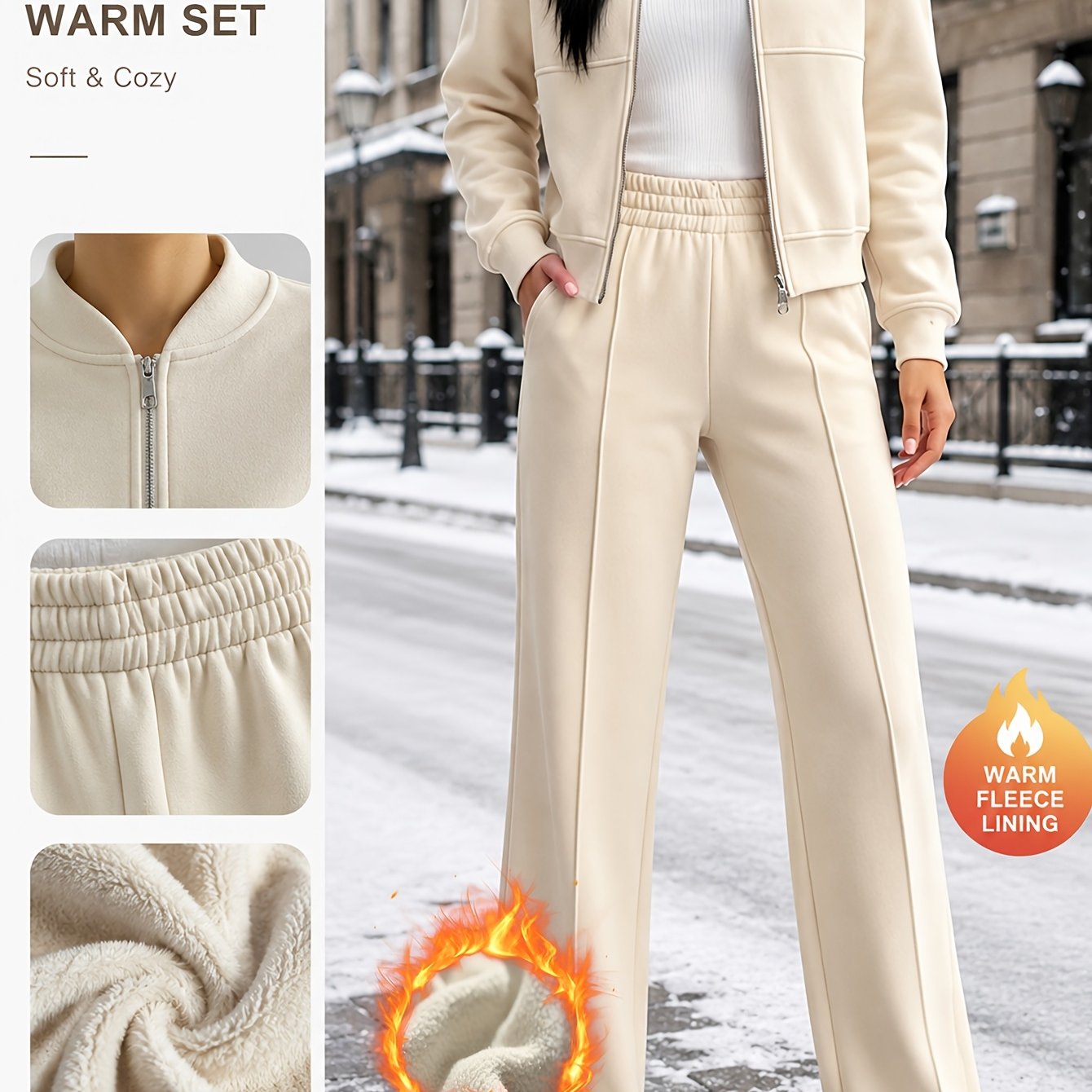 TEMU 1 Set Women's Autumn And Winter Clothing, 1pc Long-sleeved Jacket Top, 1 Pair Sweatpants, Thickened And Fleece-lined Warm And Cozy, Zippered ,