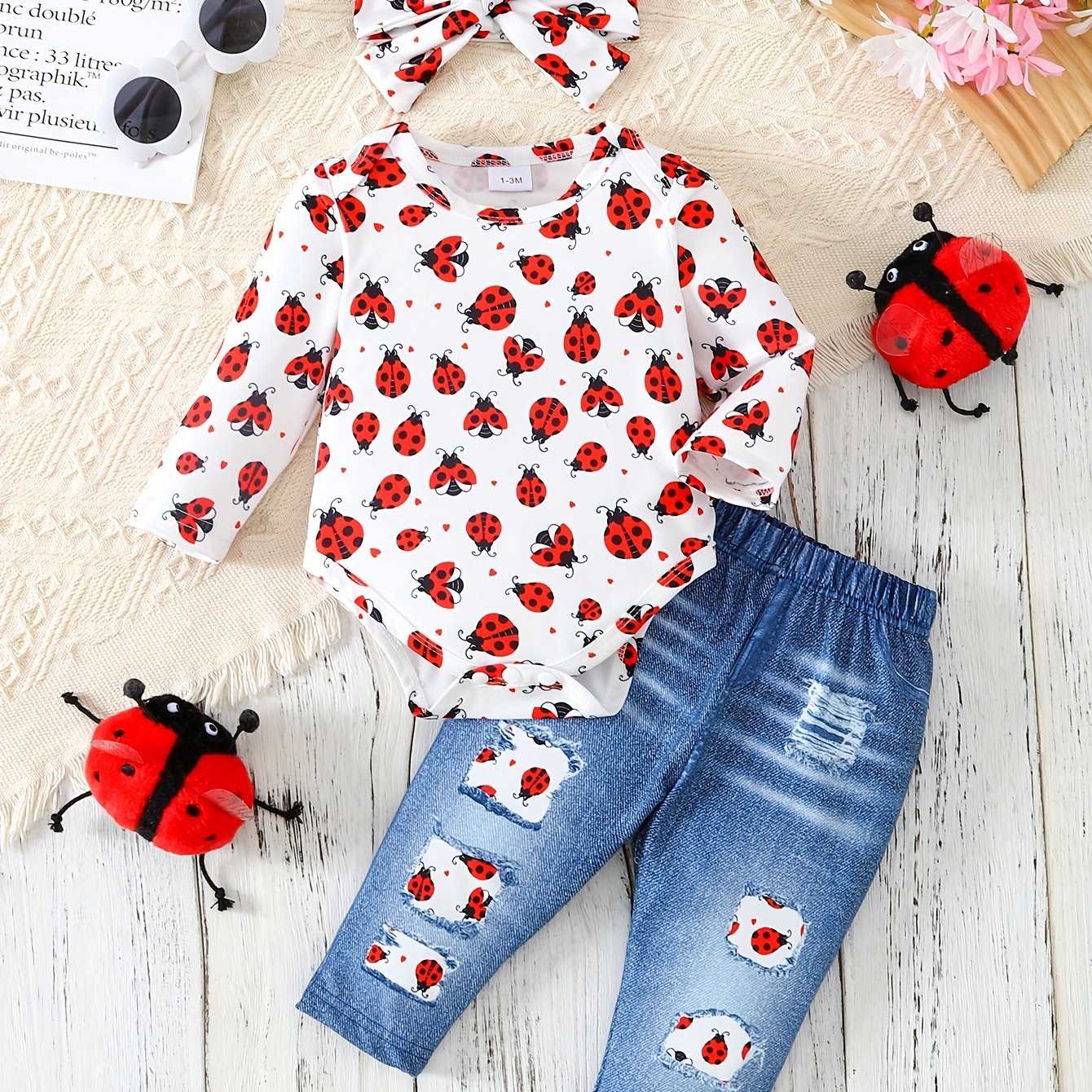 Toddler Girl Clothes, 3pcs Set, Baby Insect Full Print Long Sleeve Top And Insect Pattern Long Pants And Headscarf, Fashion Outfit, For Outdoor, Baby Essential Items