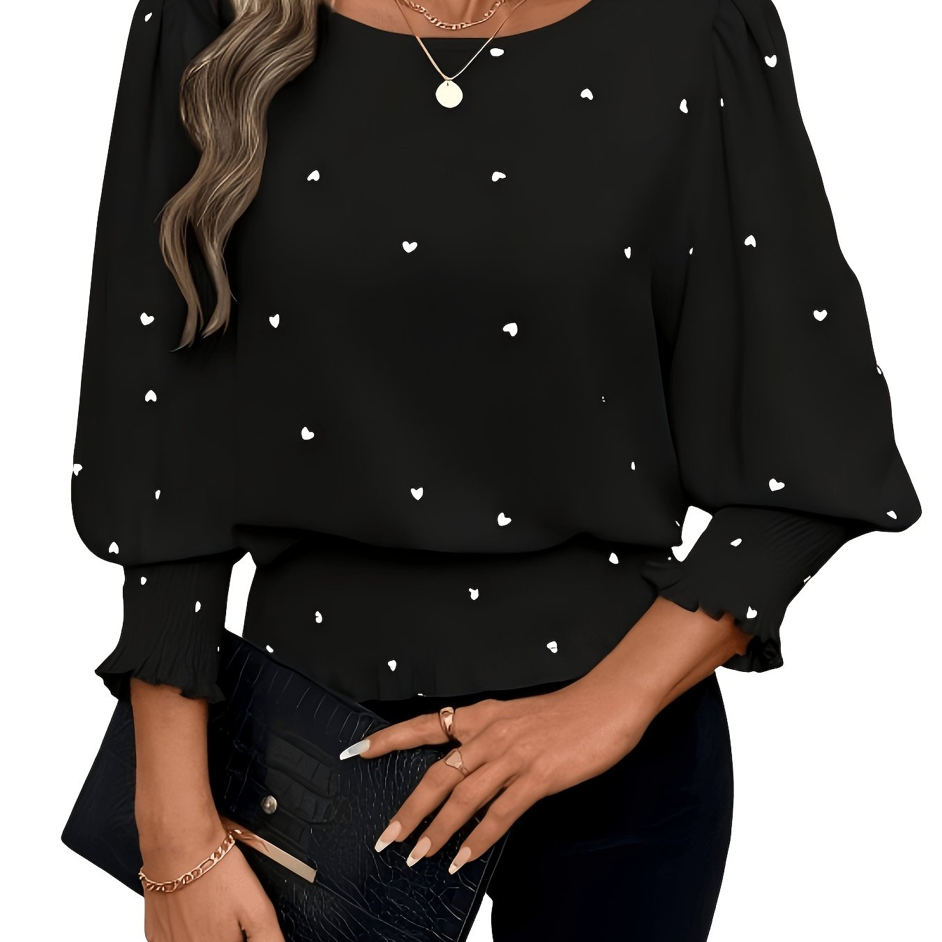 TEMU Vintage Heart Round Neck Lantern Sleeve Ruffle Trim Women's Blouse