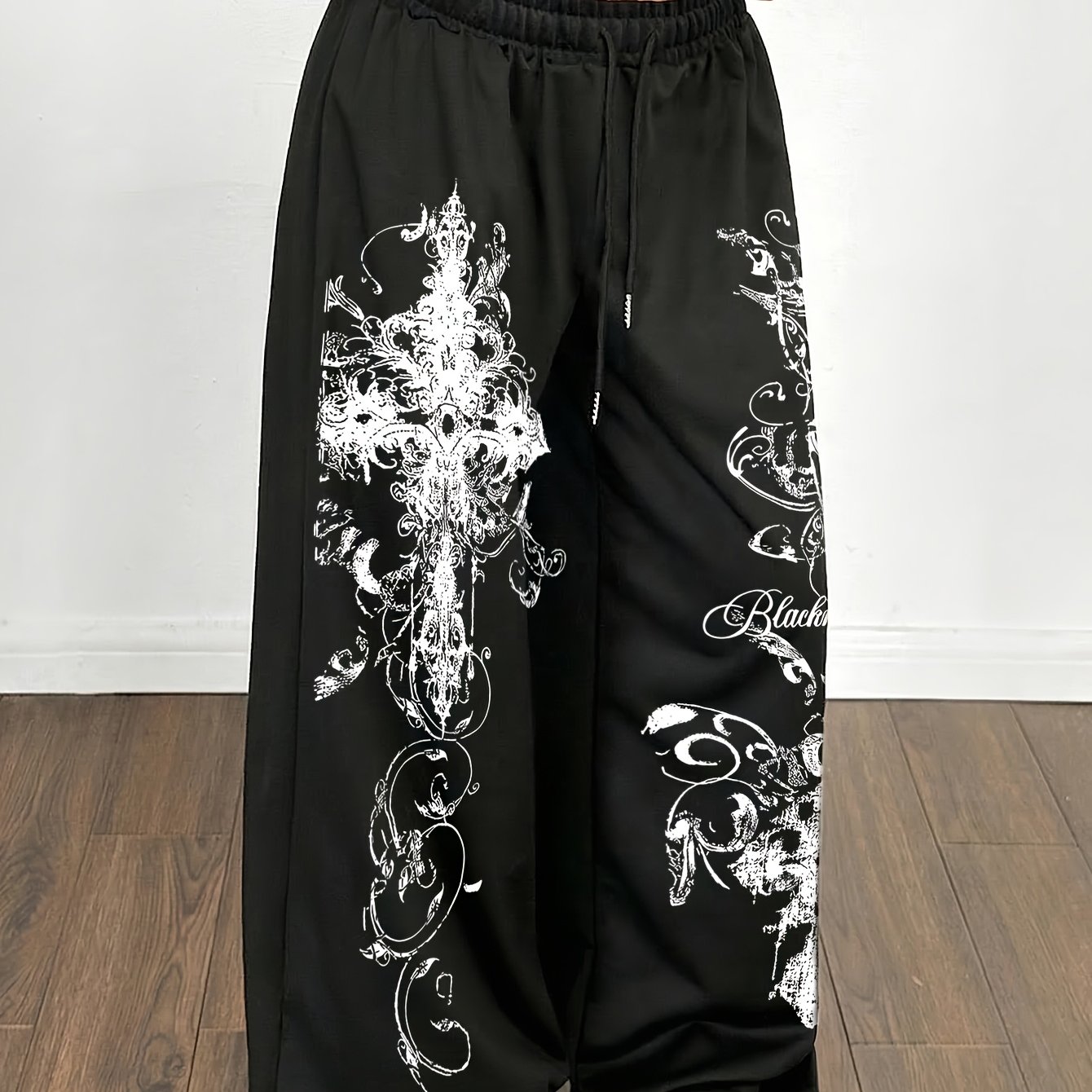 TEMU Style Street Elastic Drawstring Straight Trousers Gothic Cross Letter Print Pattern Pants Women's Trousers