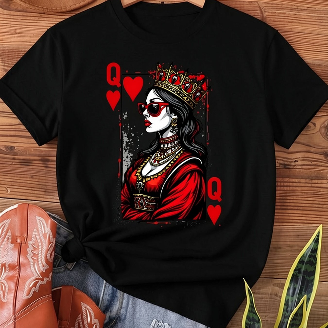 TEMU Queen Of Hearts Card Print T-shirt, Short Sleeve Crew Neck Casual Top For Summer & Spring, Women's Clothing