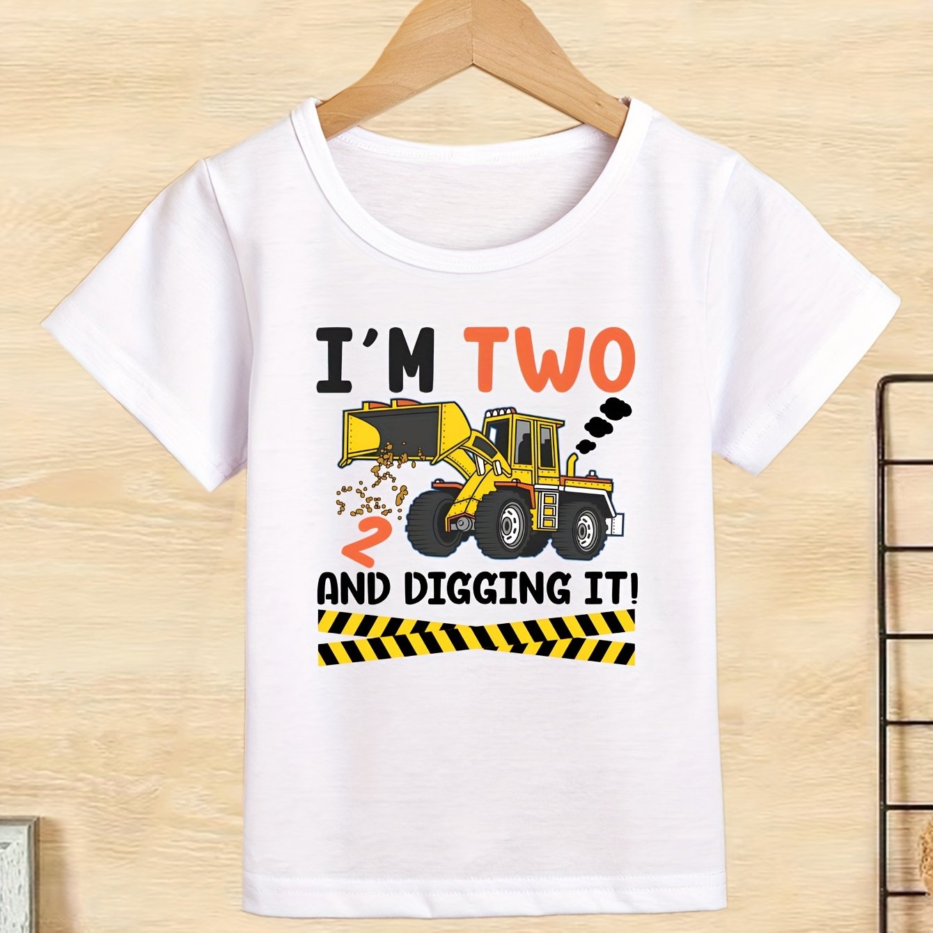 Image of I Am 2 And Digging It Boy Print Boys Creative 2nd Birthday T-shirt, Casual Lightweight Comfy Short Sleeve Crew Neck Tee Tops, Kids Clothings For Summer