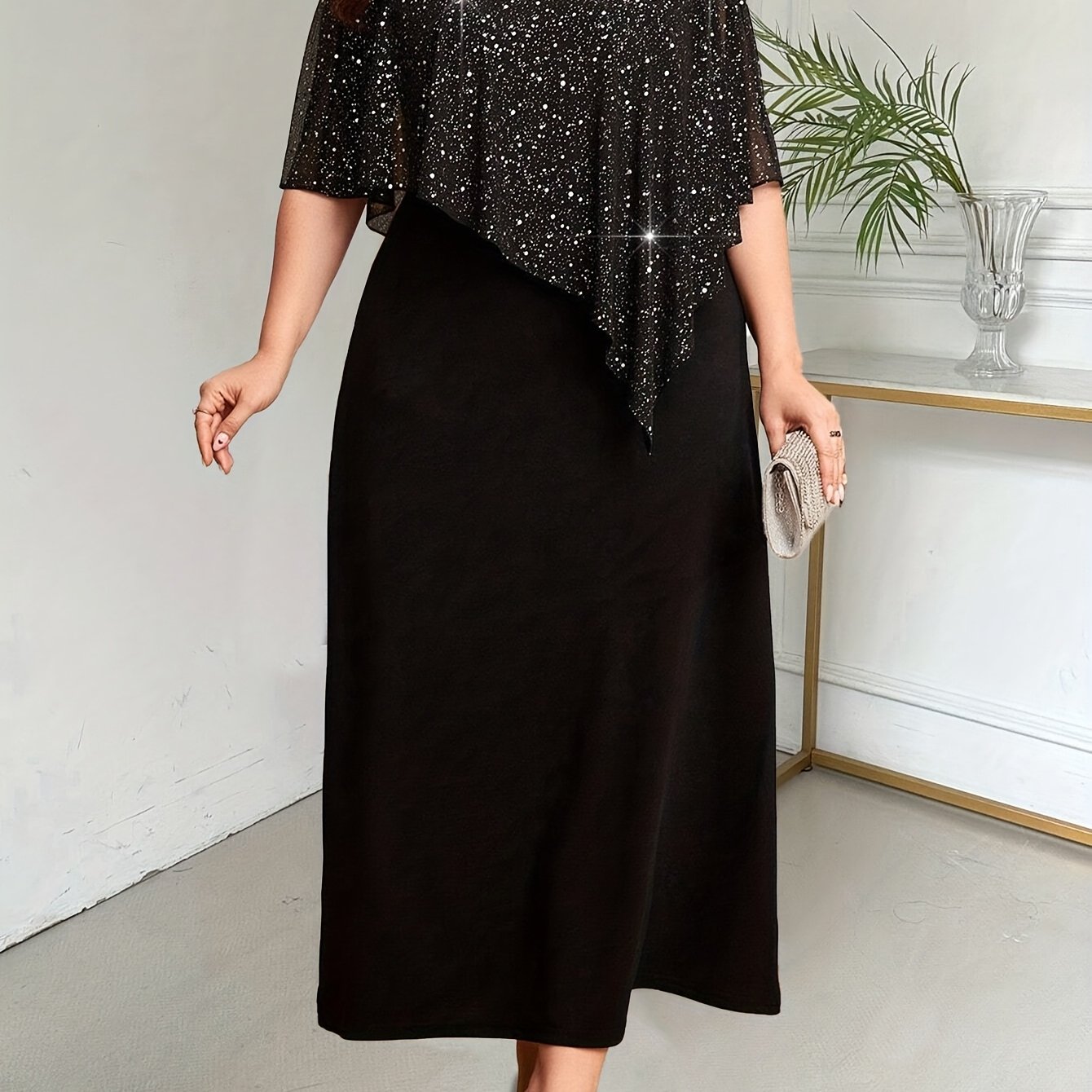E-shop Damenkleid in Übergröße für Frühling/Sommer, elegantes, temperamentvolles, schmal geschnittenes, dehnbares bequemes Langkleid aus -Netzstoff mit