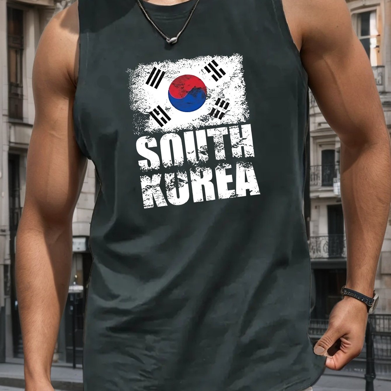 TEMU South Korea Geometric Pattern Tank Top For Men - Casual Crew Neck Polyester Knit Fabric Sleeveless Shirt With Slight Stretch - Summer Regular Fit Adult Vest