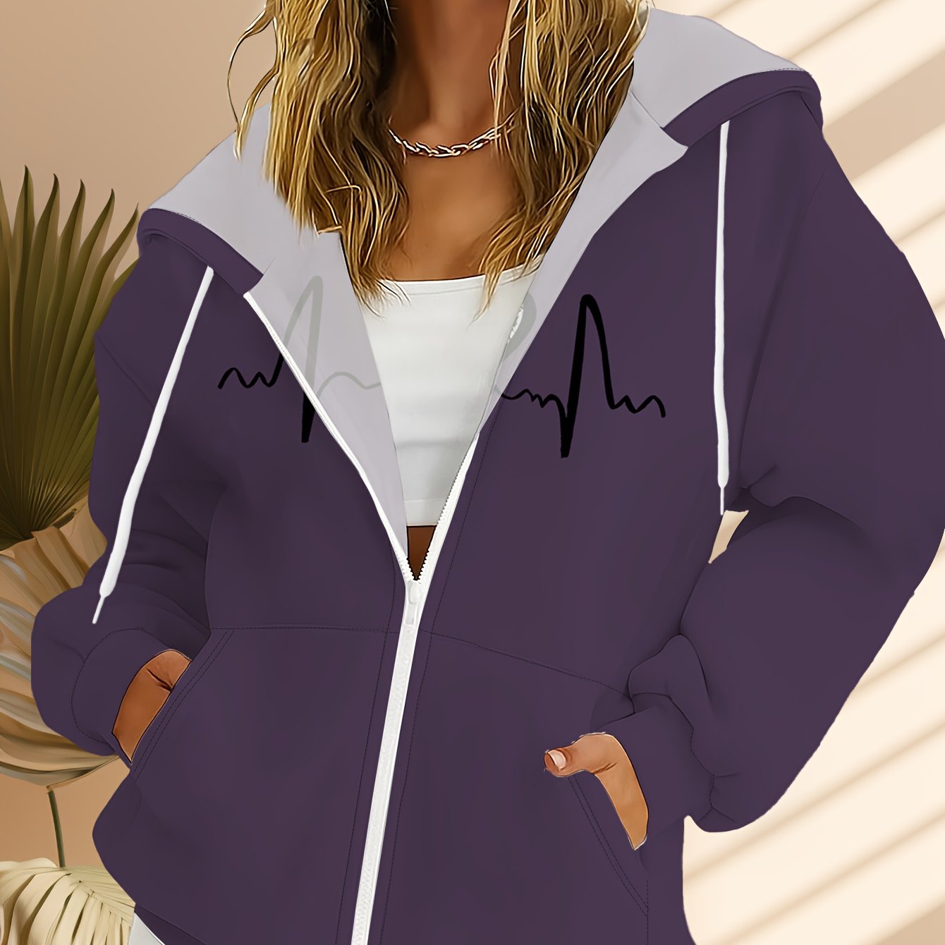TEMU Women's Plus Size Casual Zip-up Hoodie - 100% Polyester, Lightweight & Comfortable, Black Print, Loose Fit, Spring/summer/fall Top, Beach-themed