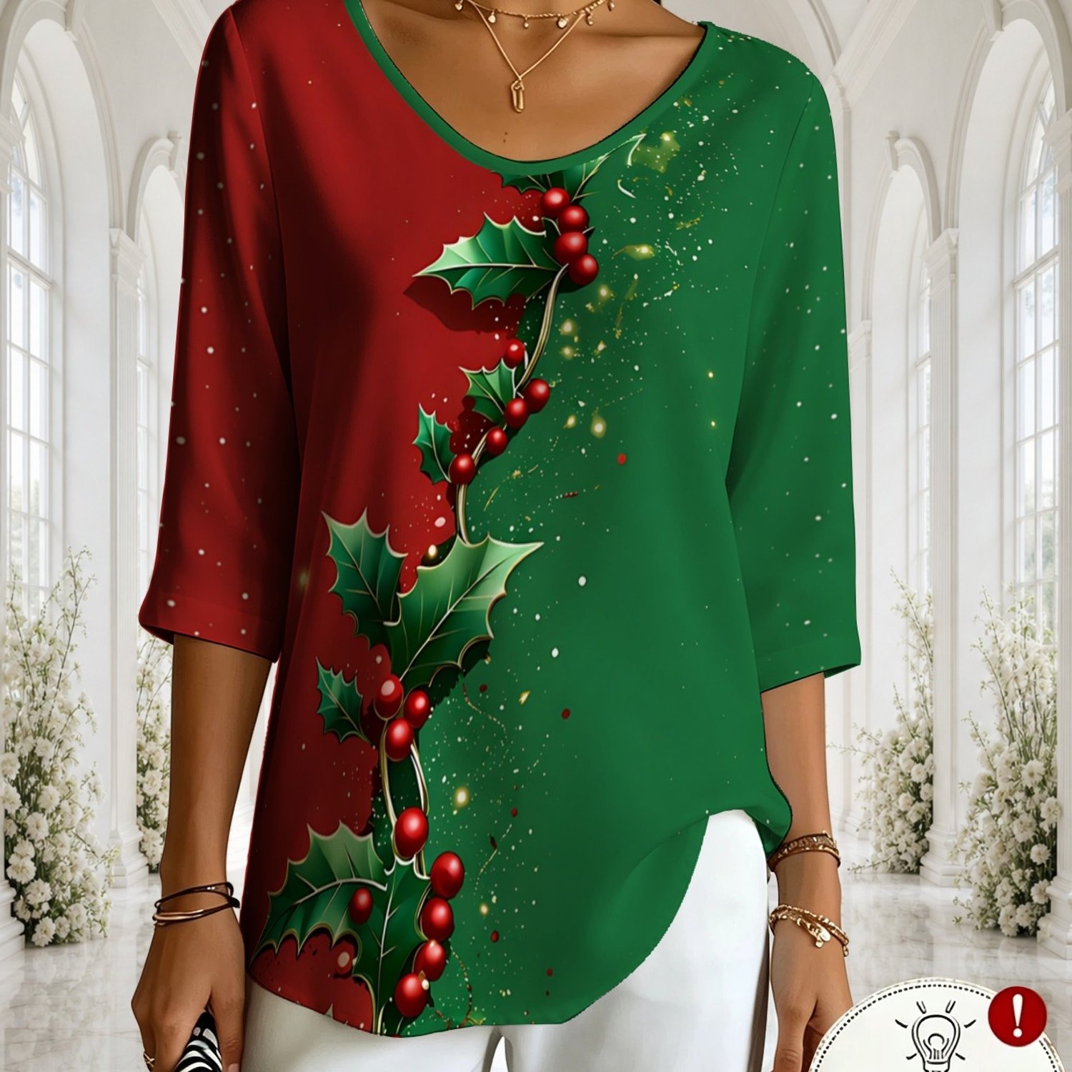 TEMU Printed Design - Not Textured New Women's V-neck 3/4 Sleeve T-shirt Red Green Color Christmas Holly Print Festive Atmosphere Party Gathering