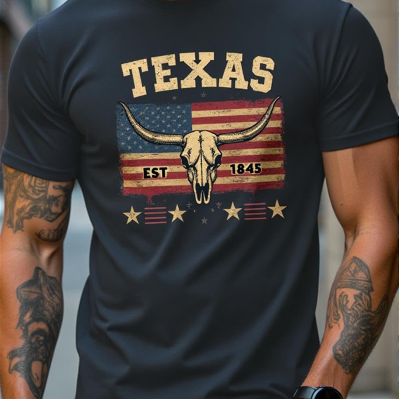 TEMU Men' Vintage Texas Longhorn Skull & State Flag T-shirt - Slim Neck Tee With Distressed Texas Print & Est 1845 For Heritage Pride, Outdoor Casual