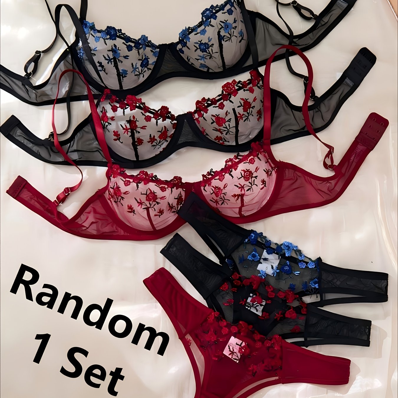 E-shop Zufälliges 1-teiliges Set, Gothic-Dessous-Set, schwarz-rotes kleines Blumenmuster mit bestickten Blumen, Set mit durchsichtigem Bügel-BH