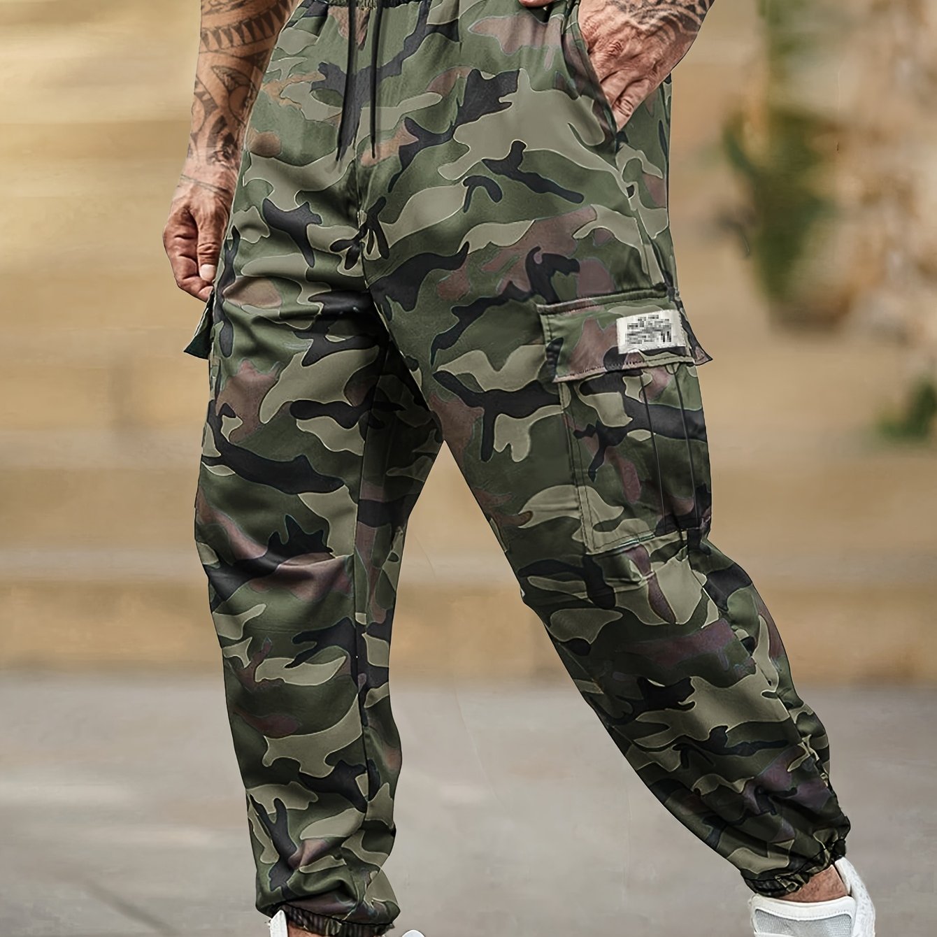 TEMU Men's Tactical Military Cargo Pants - Camouflage Camo Tapered Trousers With Multi-, Adjustable Drawstring Waist & Leg Cuff, Non-stretch Durable Fabric For, Hunting, Outdoor (green/brown/black)