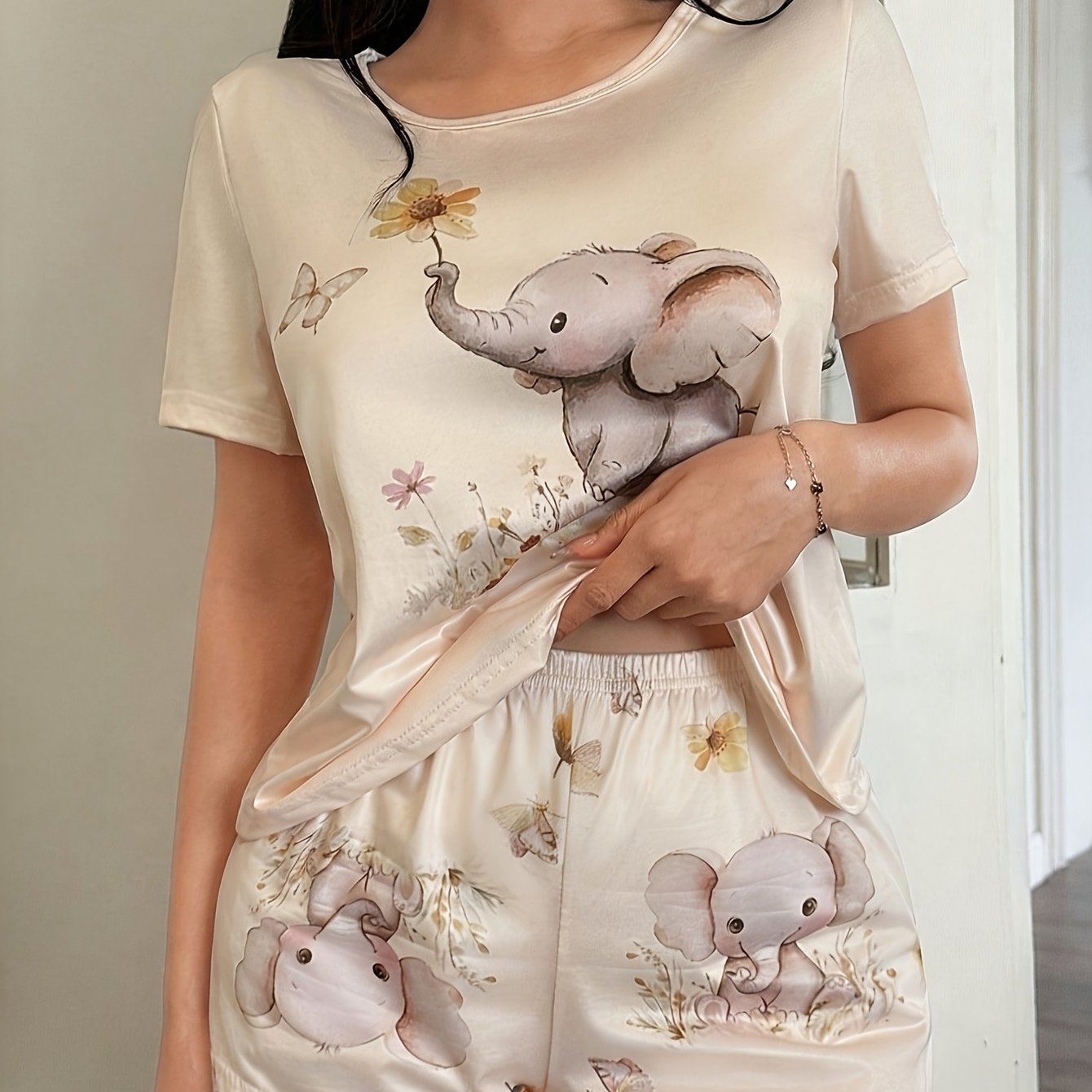 TEMU 2pcs Cute Elephant Print Short Sleeve Top And Shorts Pajama Set